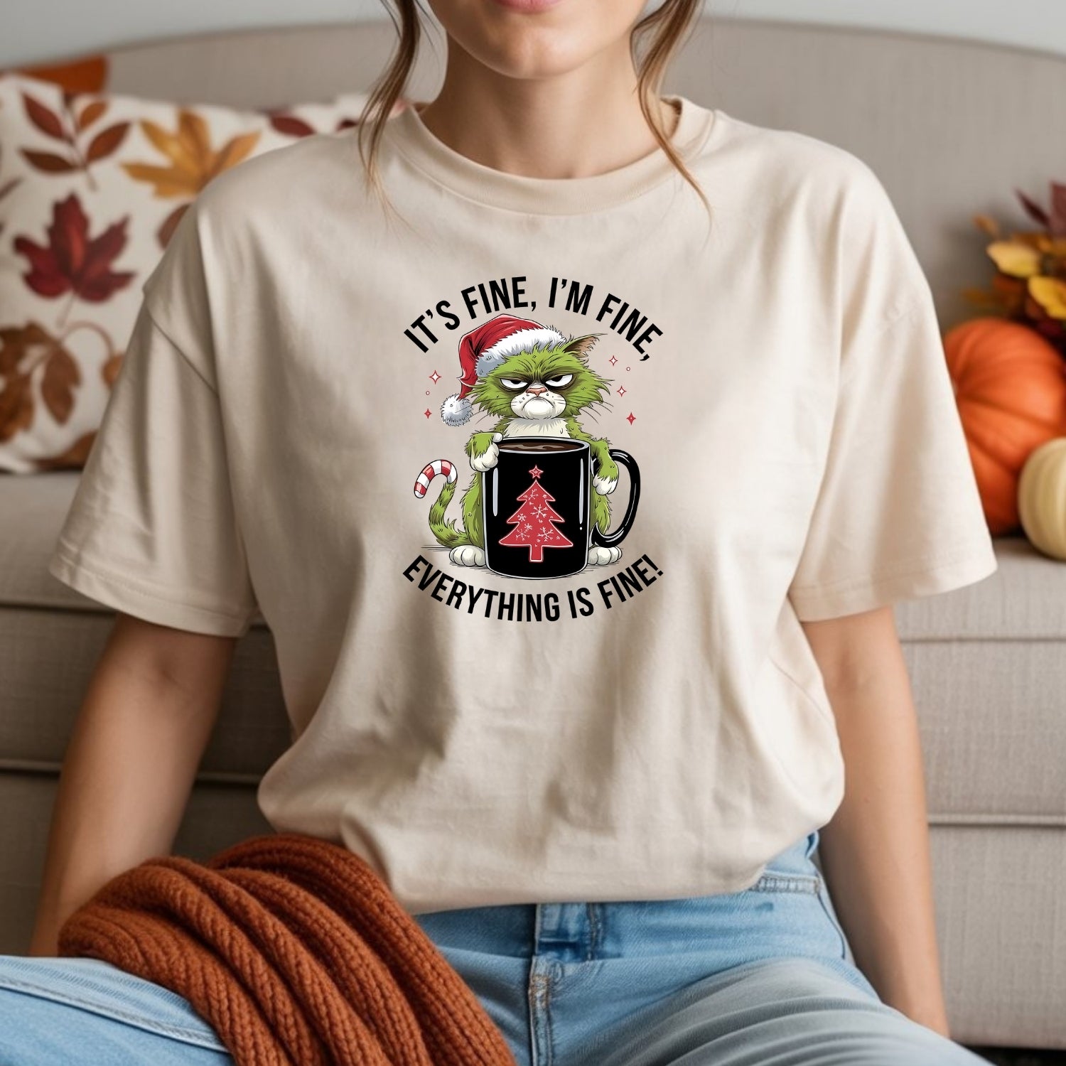 I'm Fine Everything Fine Christmas T-Shirt - Funny Cat Sarcastic Graphic Tee