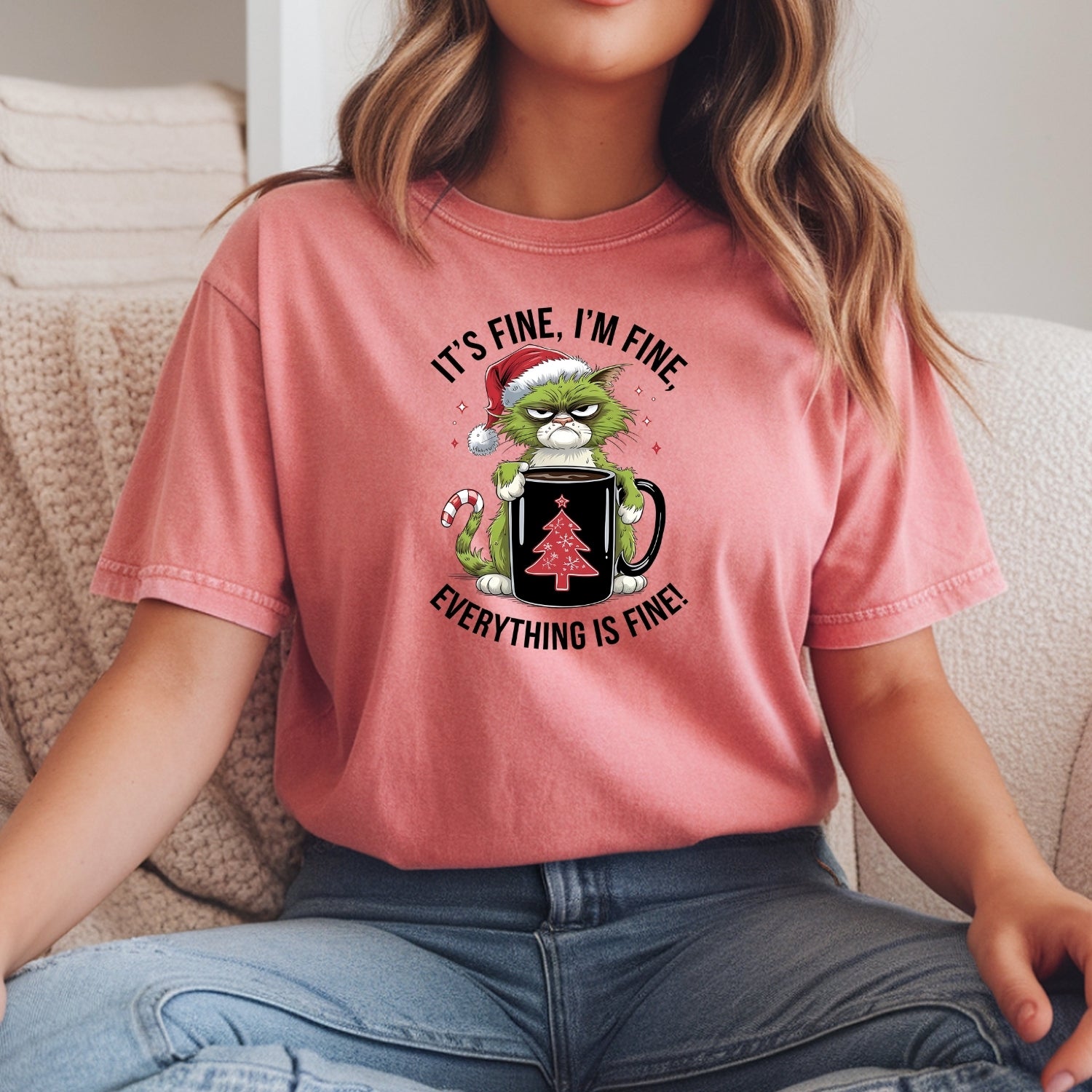 I'm Fine Everything Fine Christmas T-Shirt - Funny Cat Sarcastic Graphic Tee