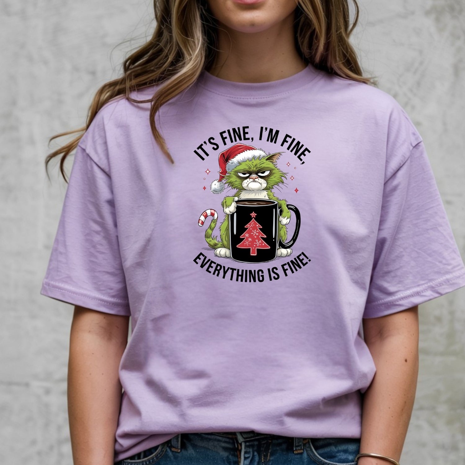 I'm Fine Everything Fine Christmas T-Shirt - Funny Cat Sarcastic Graphic Tee