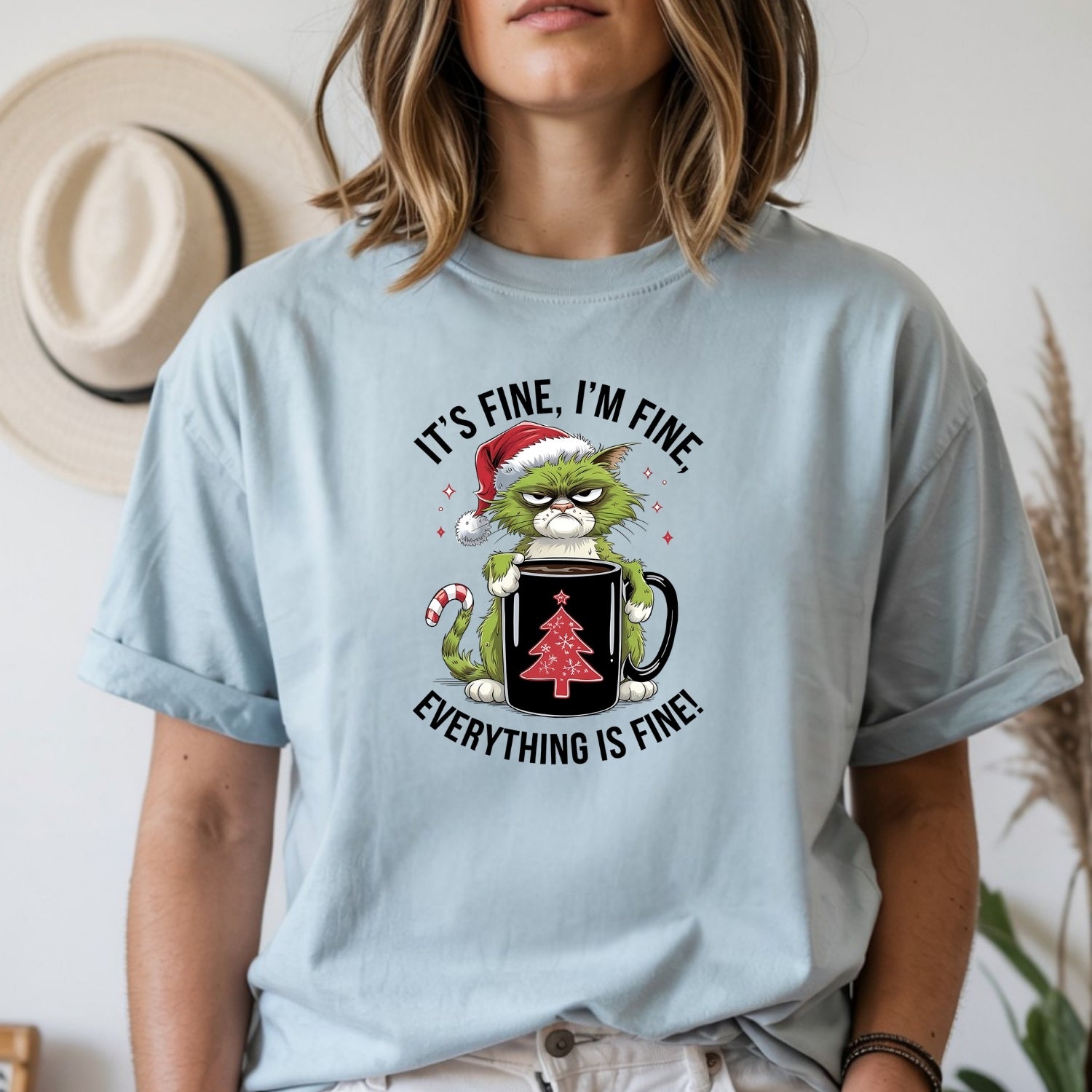 I'm Fine Everything Fine Christmas T-Shirt - Funny Cat Sarcastic Graphic Tee