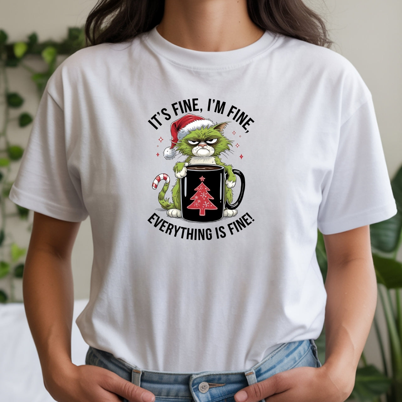 I'm Fine Everything Fine Christmas T-Shirt - Funny Cat Sarcastic Graphic Tee