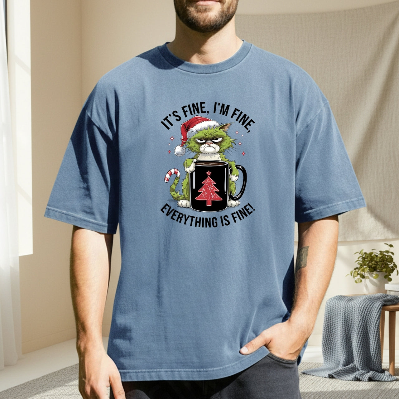 I'm Fine Everything Fine Christmas T-Shirt - Funny Cat Sarcastic Graphic Tee