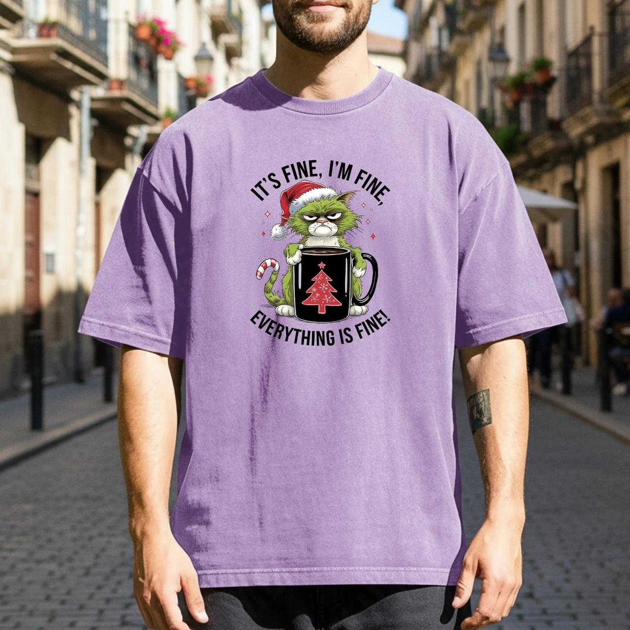 I'm Fine Everything Fine Christmas T-Shirt - Funny Cat Sarcastic Graphic Tee