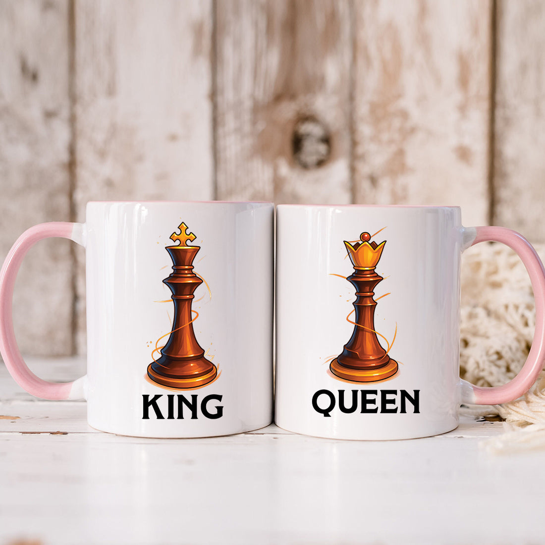 King & Queen Chess Piece Matching Mugs For Couples