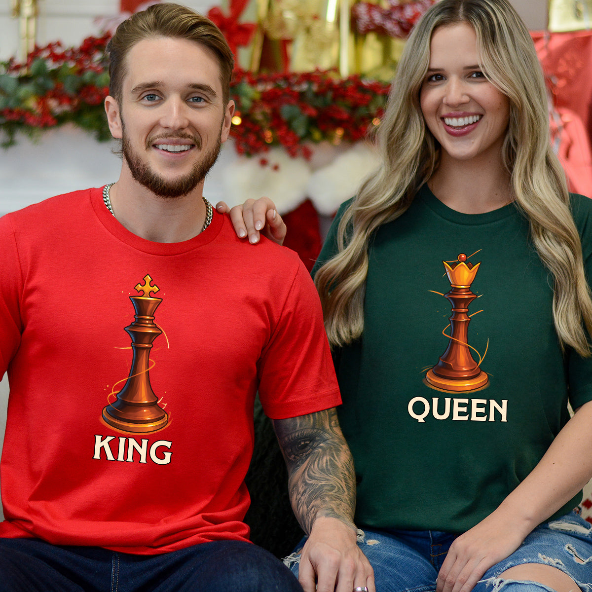 King & Queen Chess Piece Matching T-Shirts For Couples