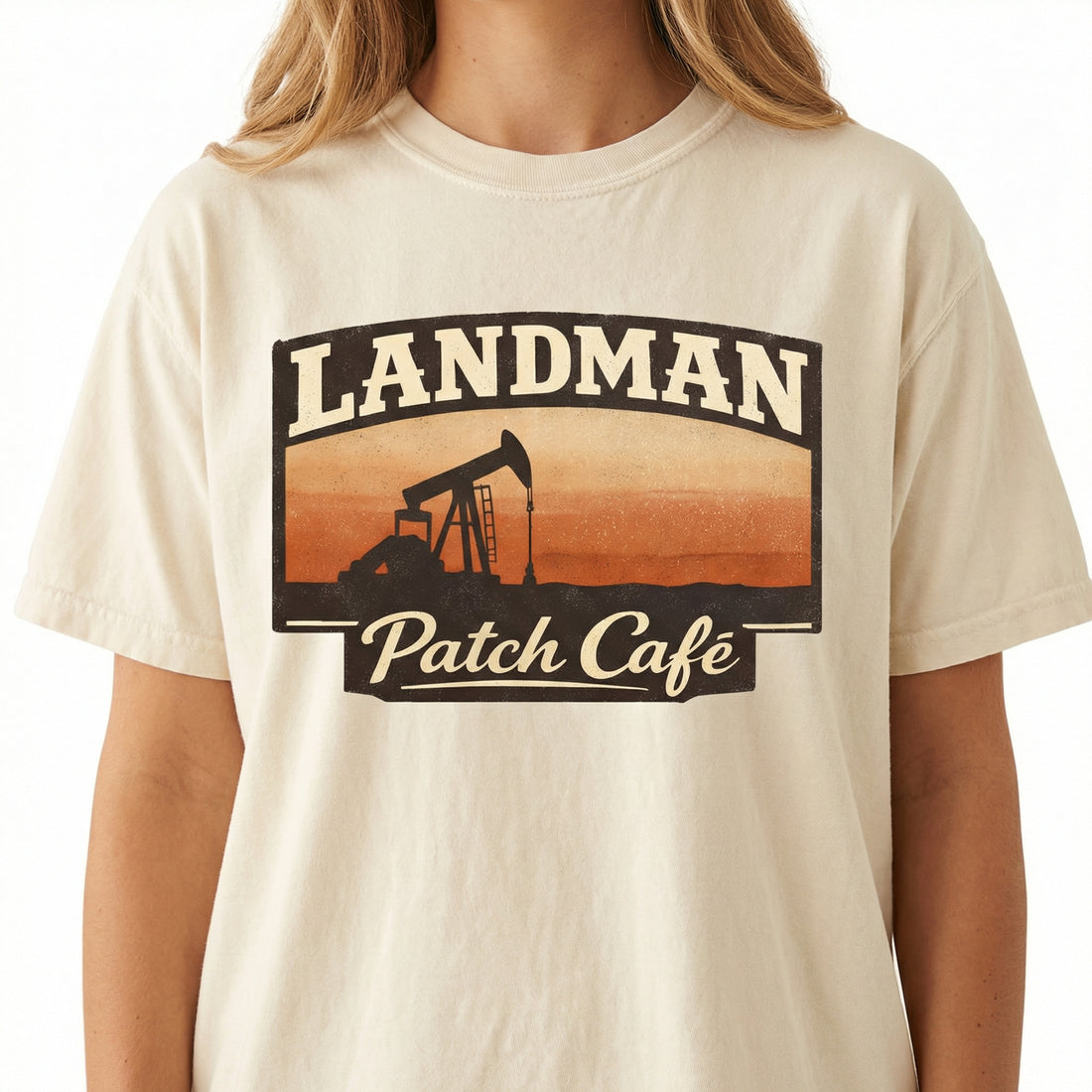 Landman Patch Café Graphic T-Shirt – Oilfield Western Pumpjack Sunset Tee