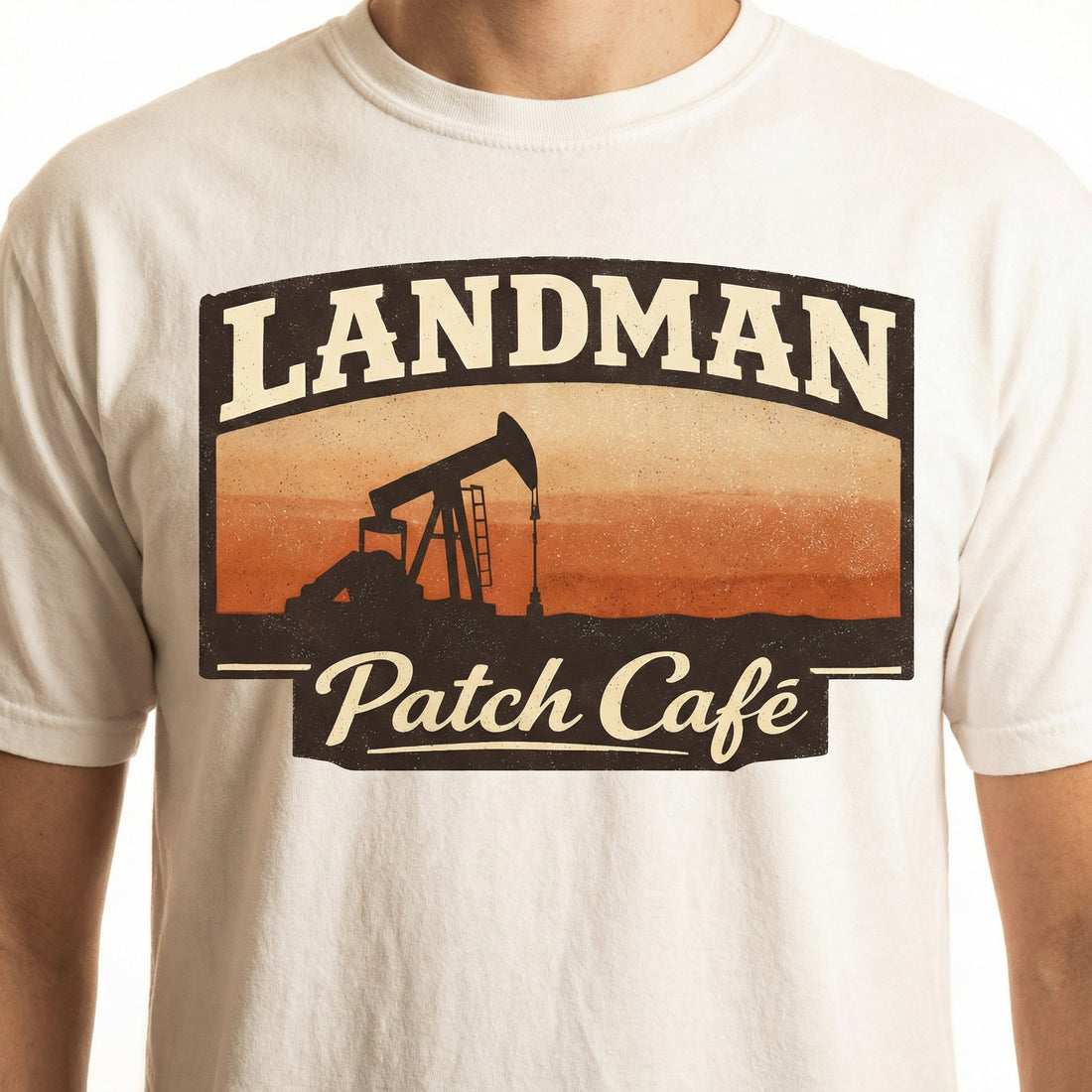 Landman Patch Café Graphic T-Shirt – Oilfield Western Pumpjack Sunset Tee