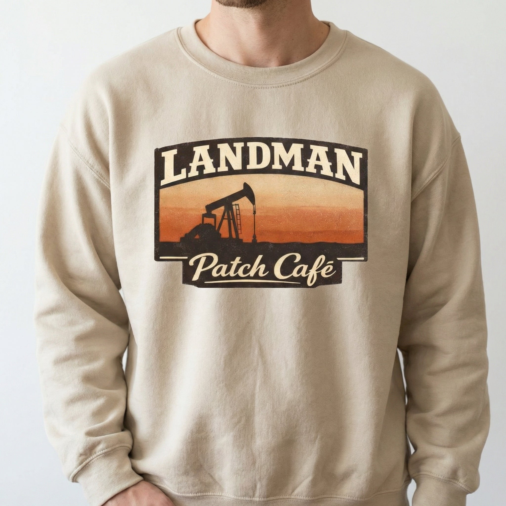 Landman Patch Café Graphic T-Shirt – Oilfield Western Pumpjack Sunset Tee