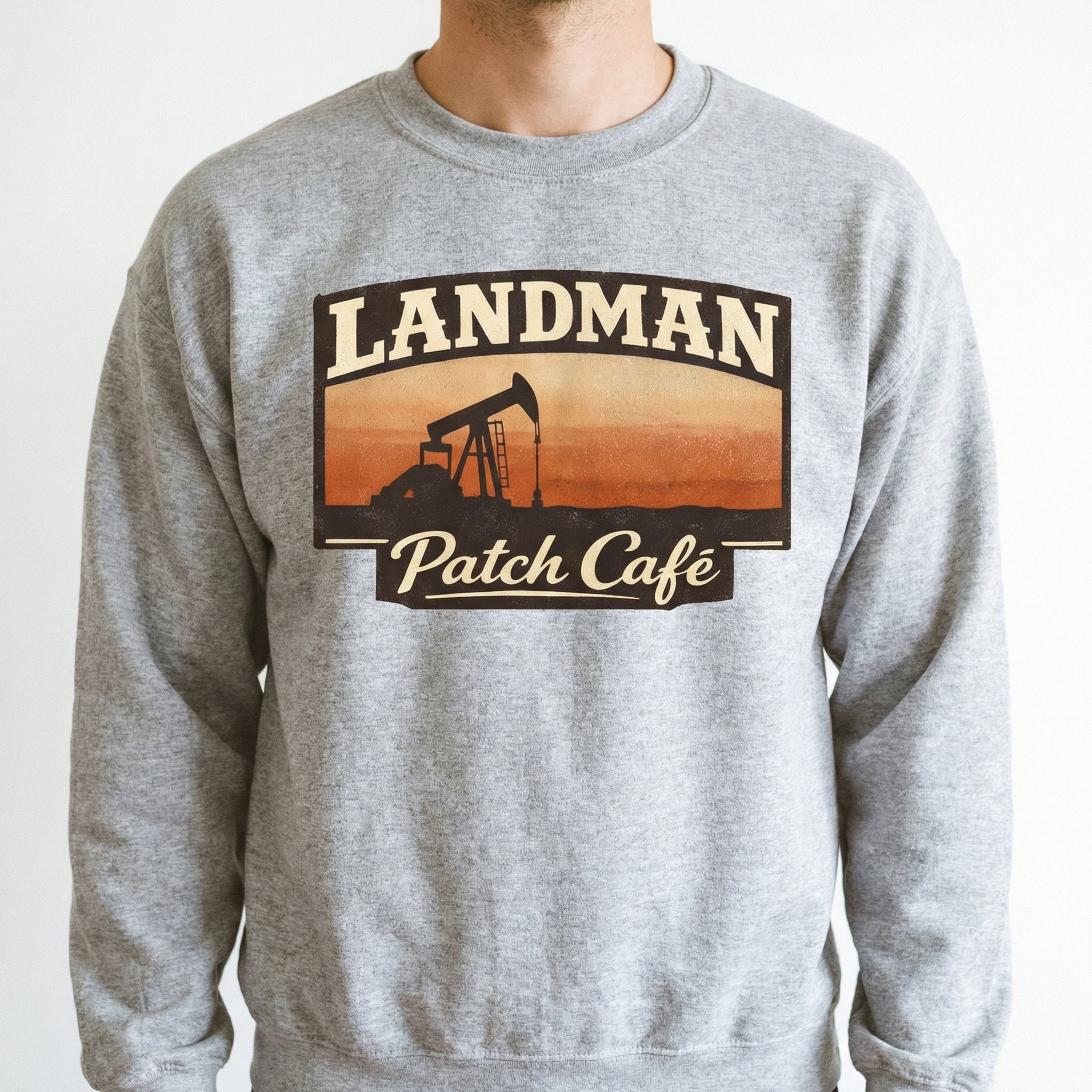 Landman Patch Café Graphic T-Shirt – Oilfield Western Pumpjack Sunset Tee