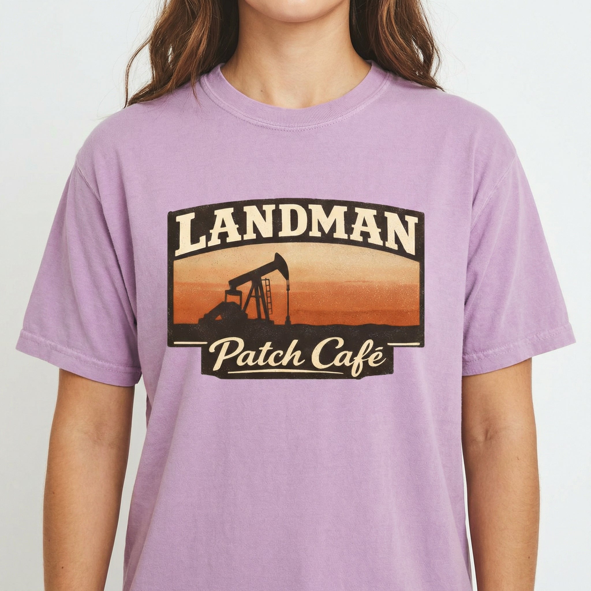 Landman Patch Café Graphic T-Shirt – Oilfield Western Pumpjack Sunset Tee