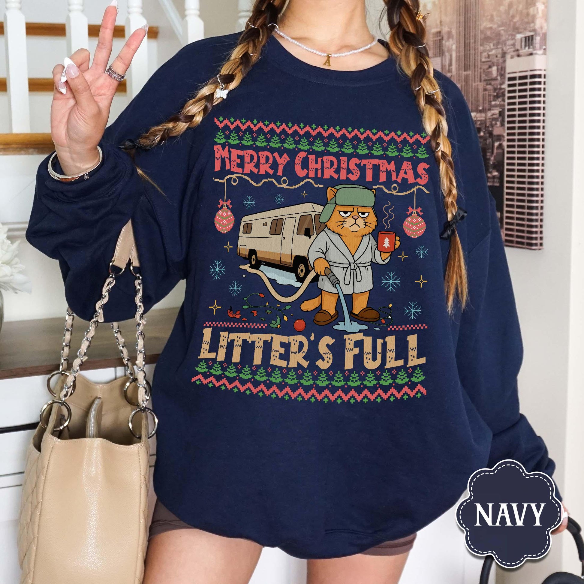 Litter’s Full Cat Christmas Sweatshirt – Funny Xmas Vacation–Inspired Holiday Movie Shirt