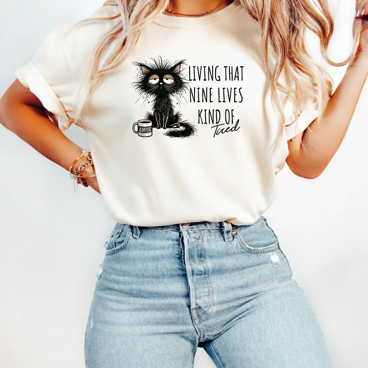 Living That Nine Lives Kind of Tired - Funny Cat Sarcastic Graphic Tee