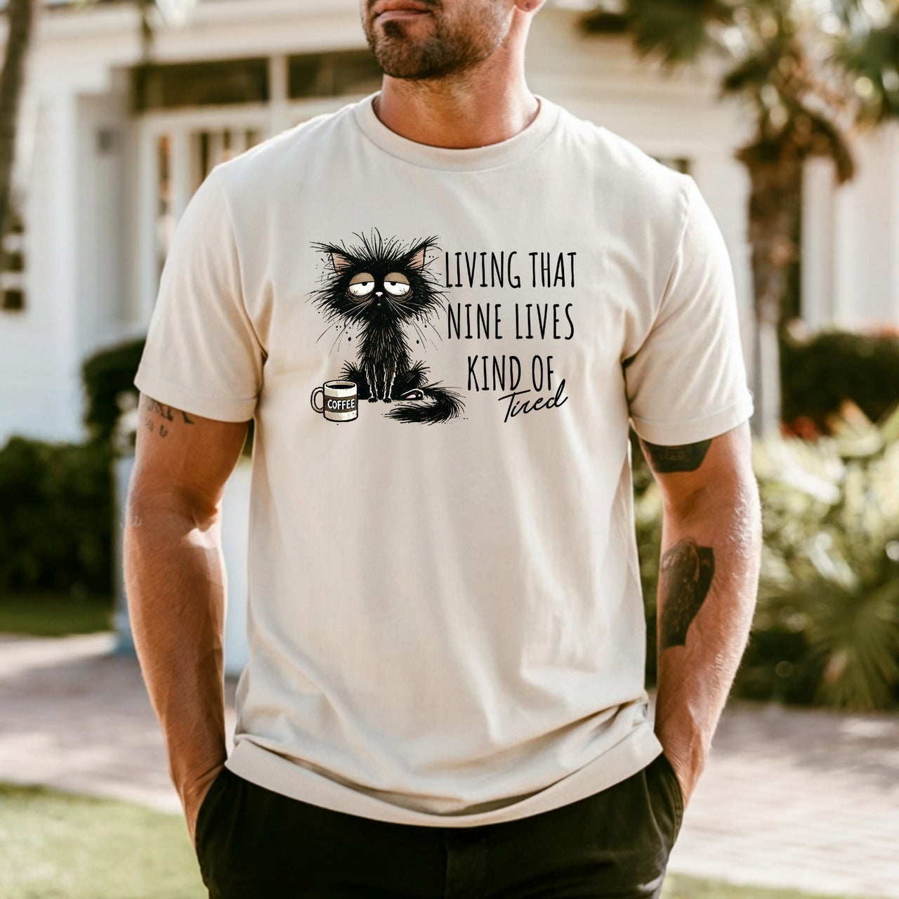 Living That Nine Lives Kind of Tired - Funny Cat Sarcastic Graphic Tee