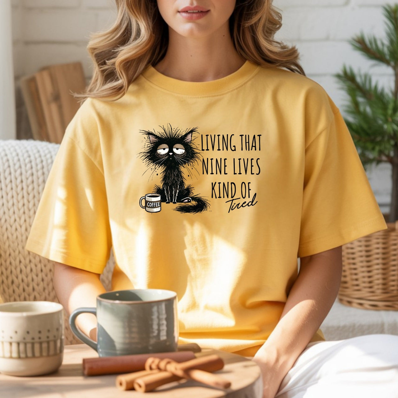 Living That Nine Lives Kind of Tired - Funny Cat Sarcastic Graphic Tee