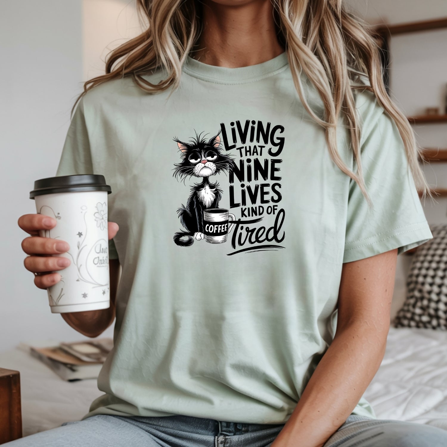 Living That Nine Lives Tired - Funny Cat Sarcastic Graphic Tee