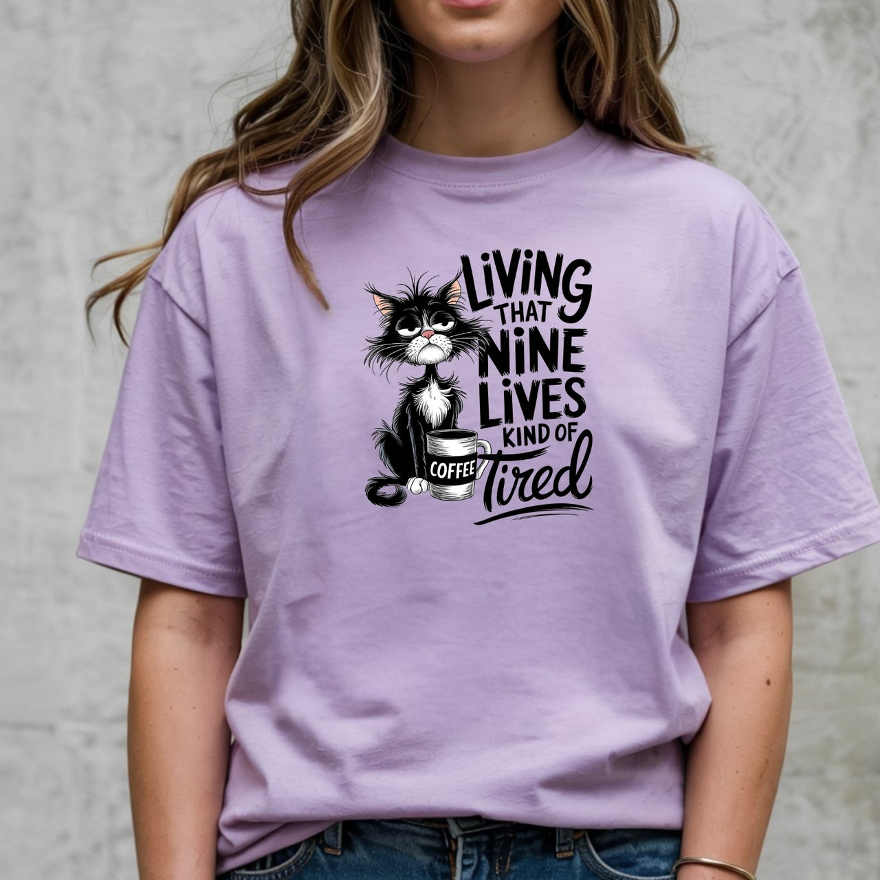 Living That Nine Lives Tired - Funny Cat Sarcastic Graphic Tee