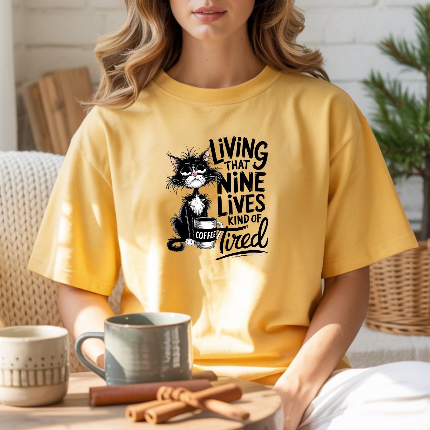 Living That Nine Lives Tired - Funny Cat Sarcastic Graphic Tee