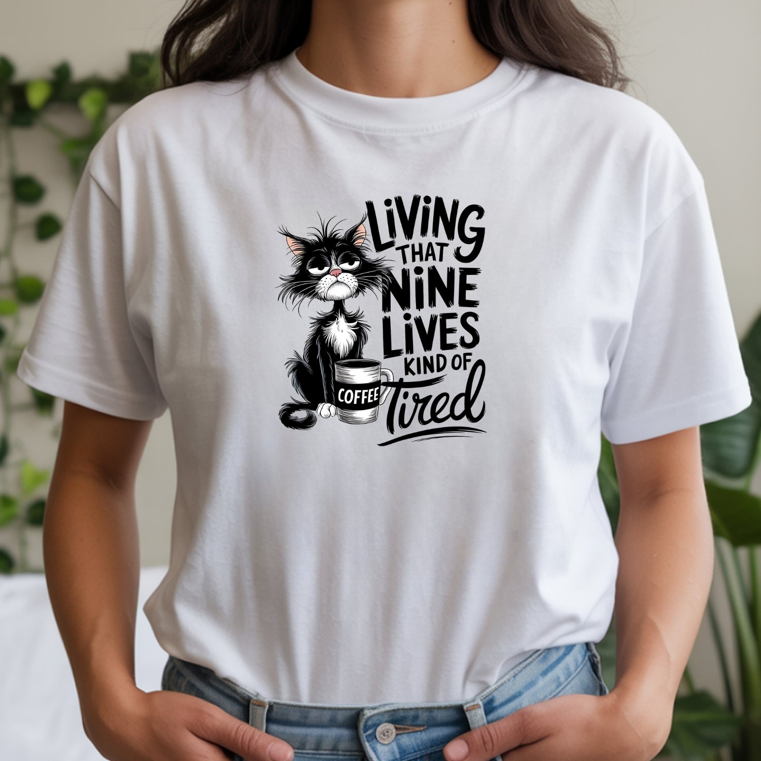 Living That Nine Lives Tired - Funny Cat Sarcastic Graphic Tee