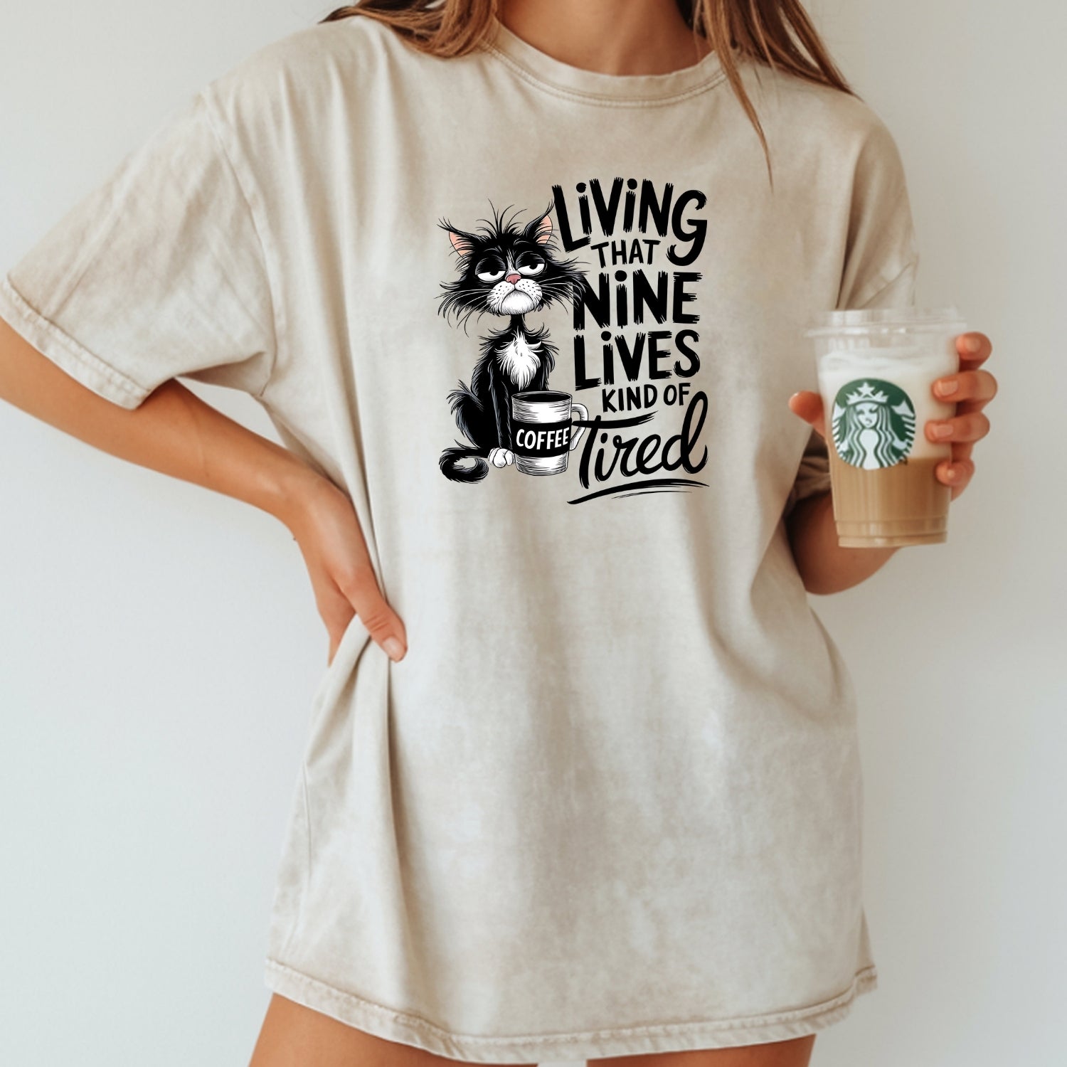 Living That Nine Lives Tired - Funny Cat Sarcastic Graphic Tee