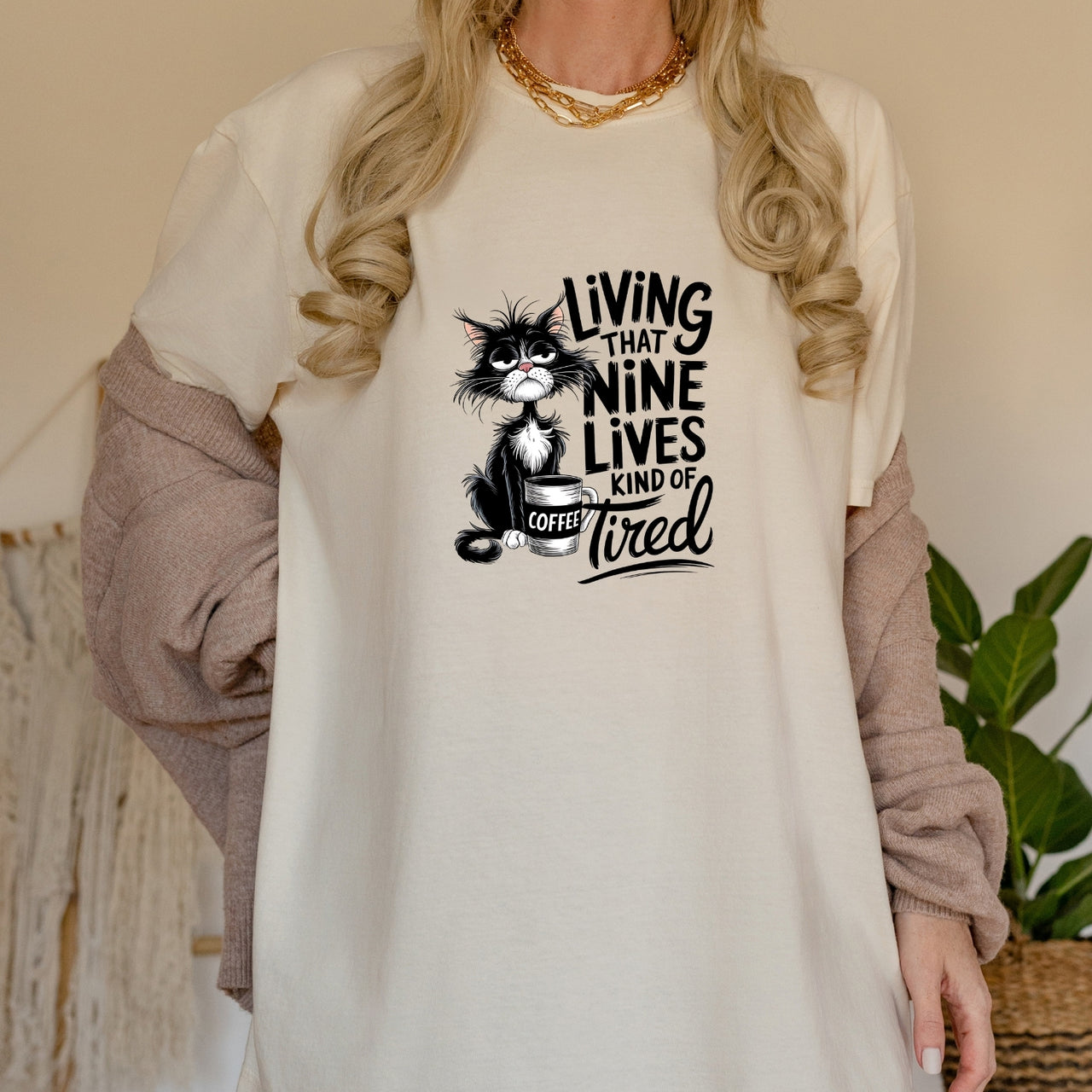 Living That Nine Lives Tired - Funny Cat Sarcastic Graphic Tee