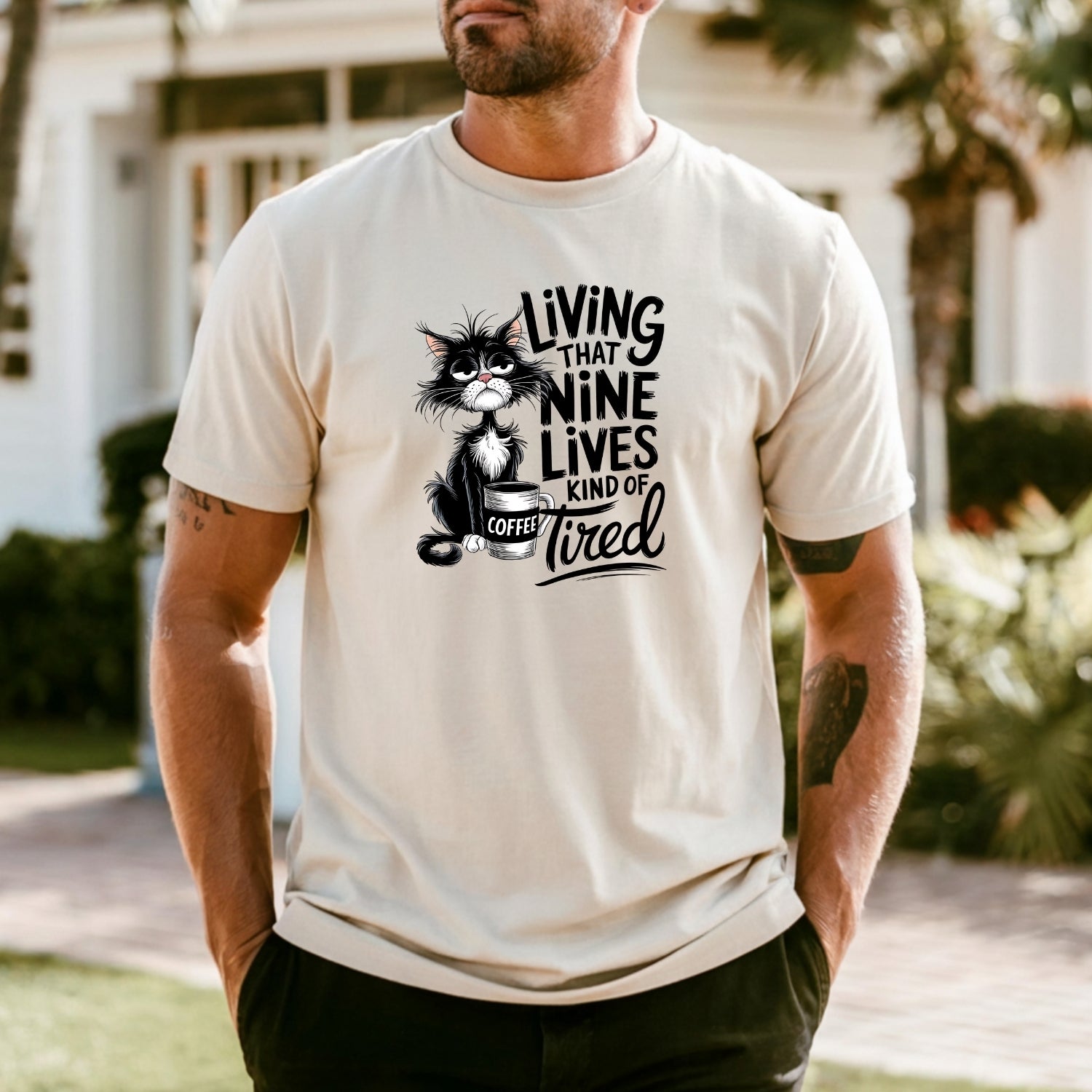 Living That Nine Lives Tired - Funny Cat Sarcastic Graphic Tee