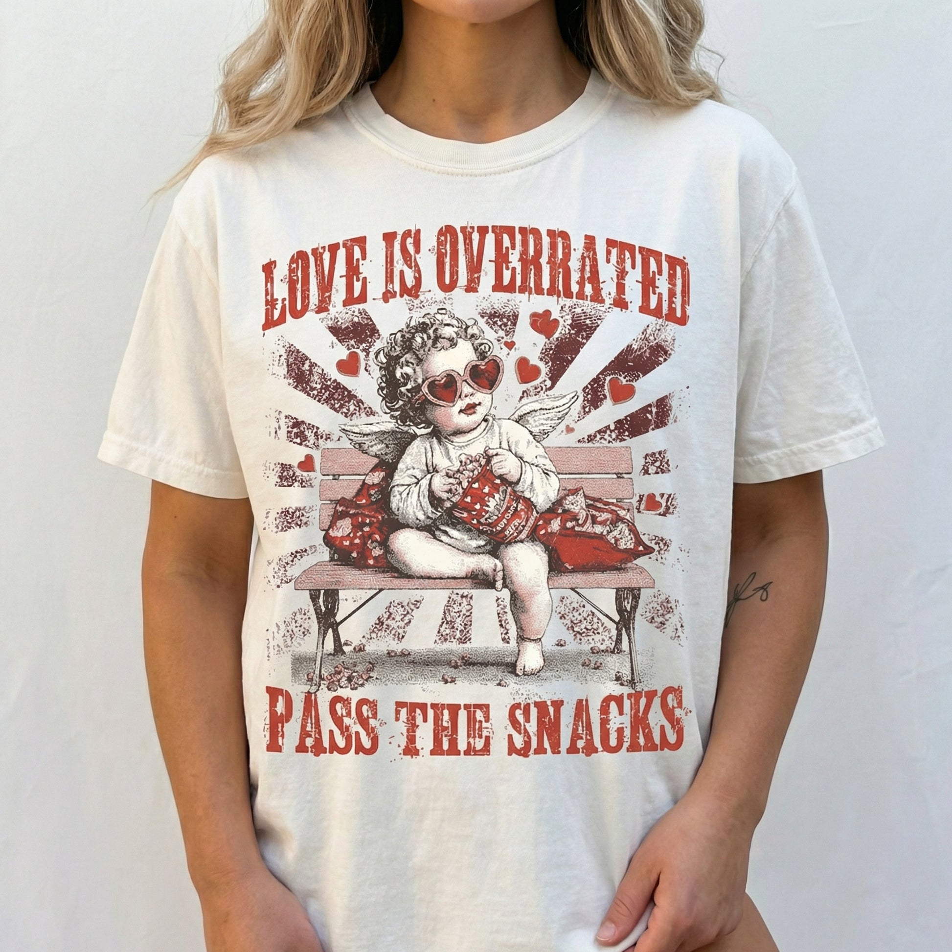 Love Is Overrated Pass the Snacks T-Shirt - Funny Valentine Sarcastic Quote Tee