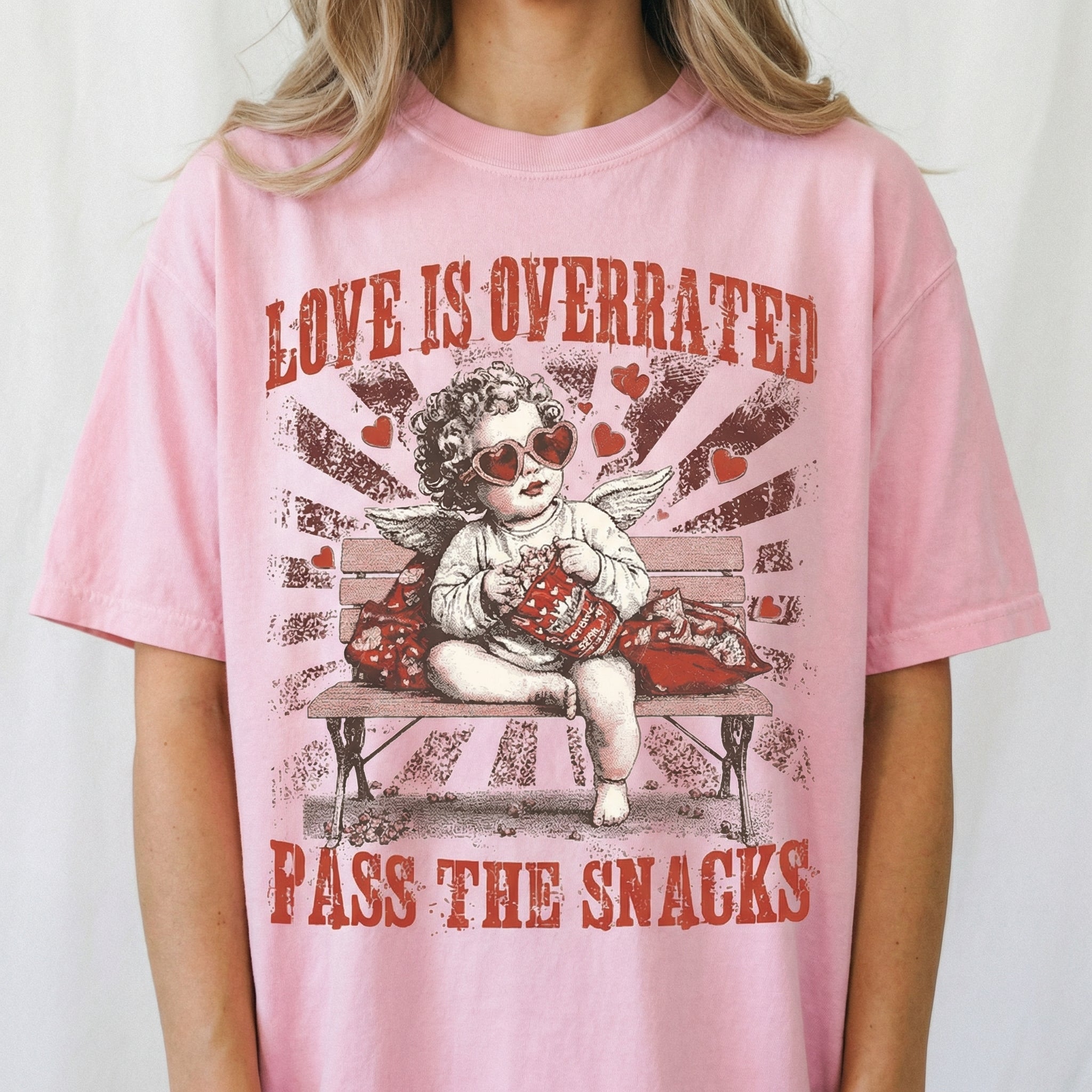 Love Is Overrated Pass the Snacks T-Shirt - Funny Valentine Sarcastic Quote Tee