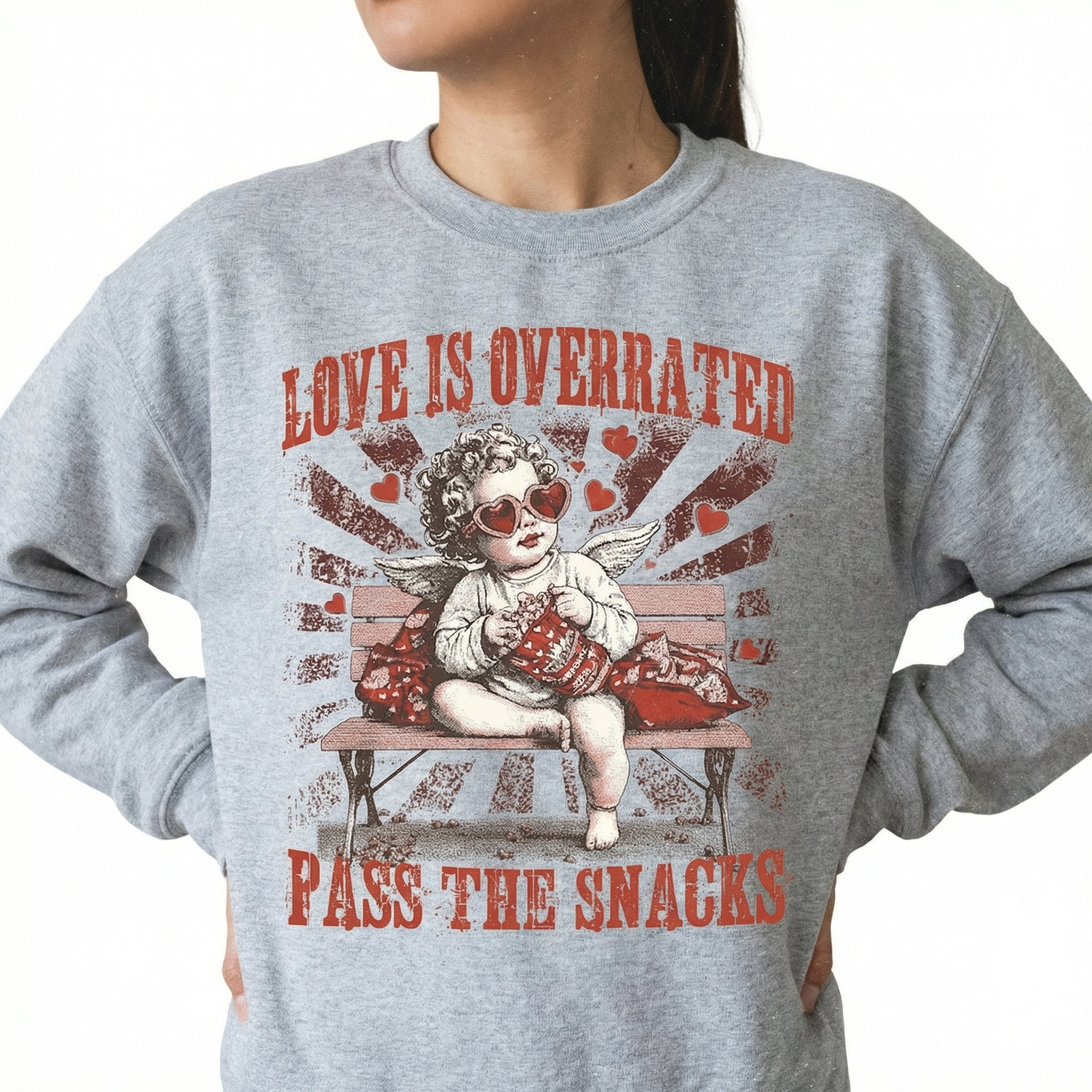 Love Is Overrated Pass the Snacks T-Shirt - Funny Valentine Sarcastic Quote Tee