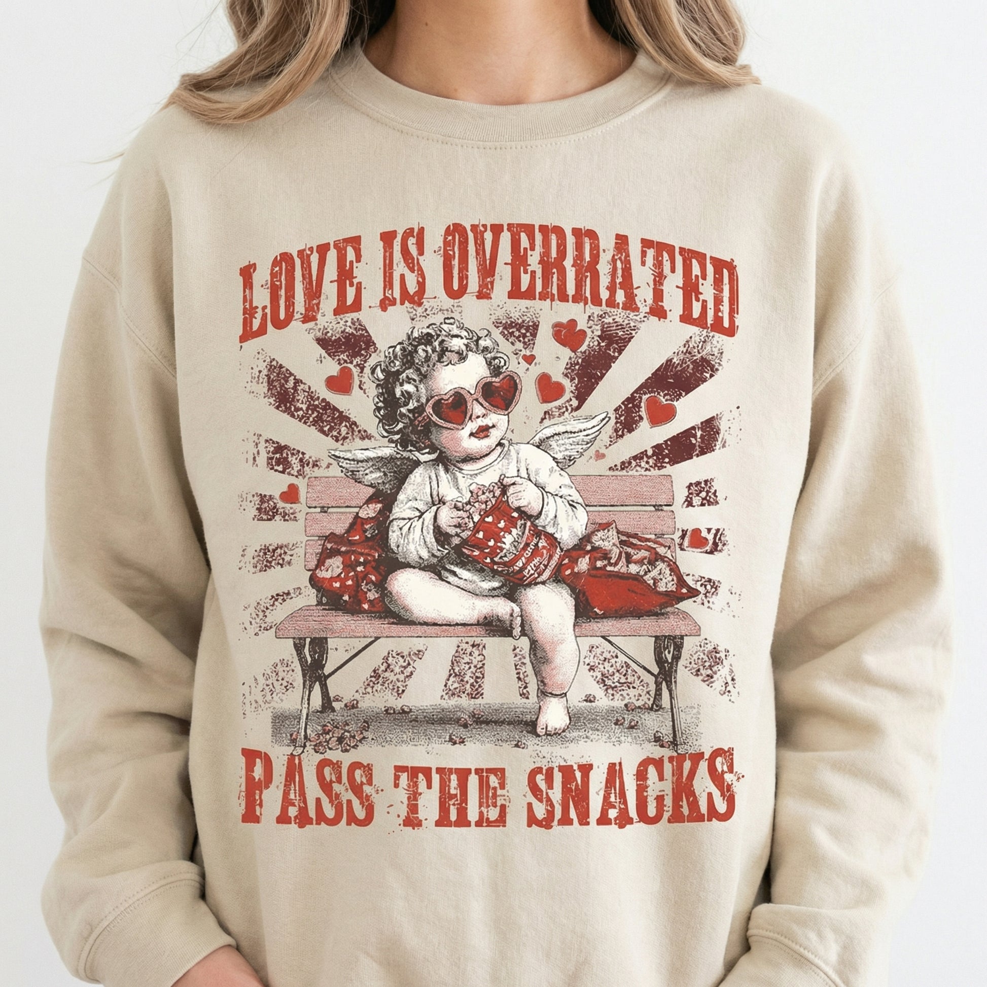 Love Is Overrated Pass the Snacks T-Shirt - Funny Valentine Sarcastic Quote Tee