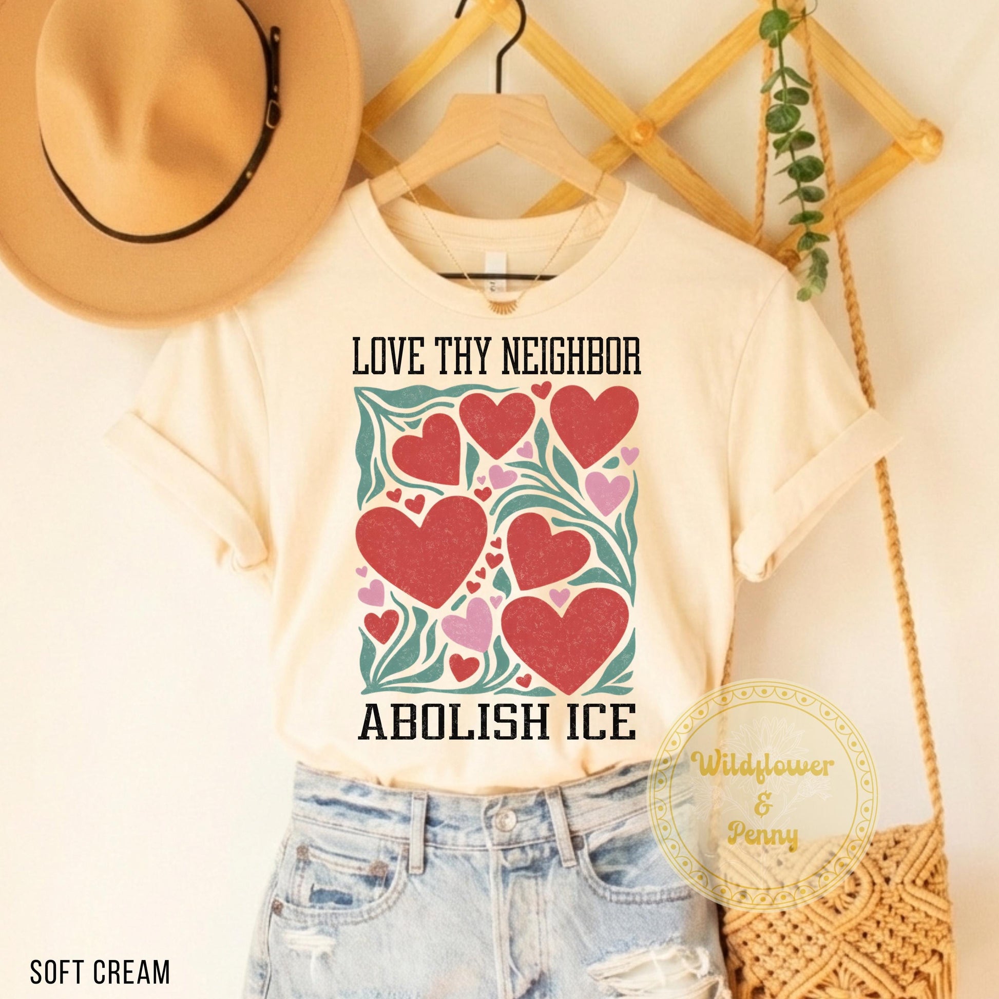 Love Thy Neighbor Abolish ICE Protest T-Shirt – Retro Feminist Valentine Graphic