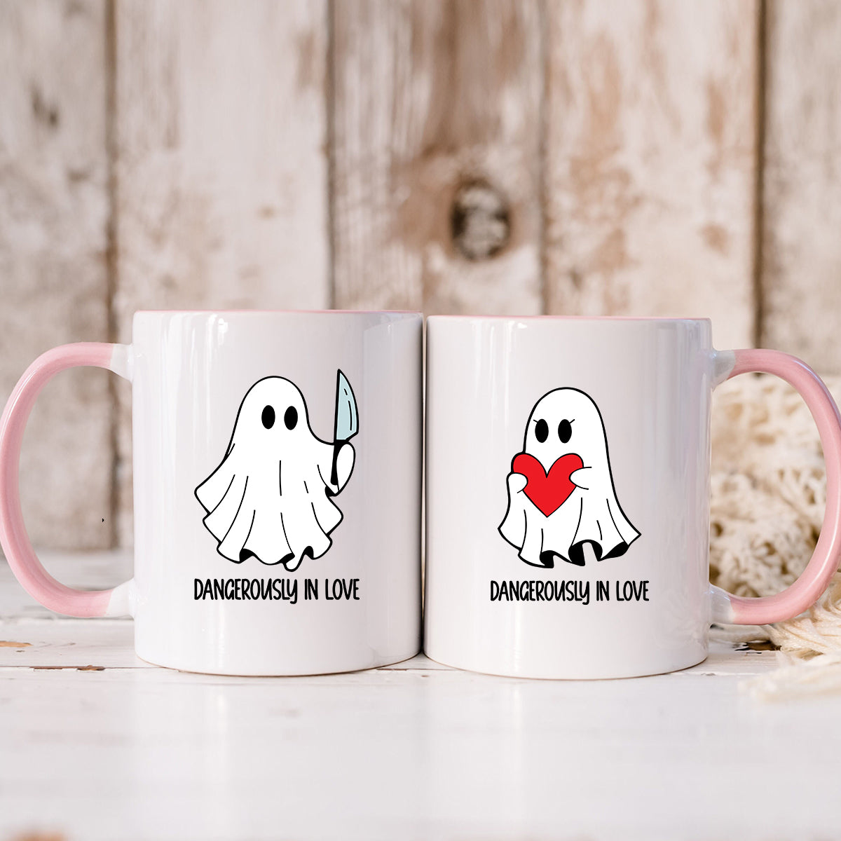 Love or Knife Ghost Matching Mugs For Couples