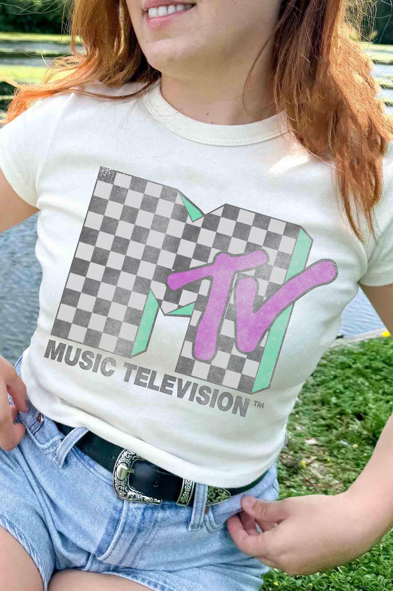 Retro Checkered Distressed Music Logo Graphic T-Shirt - Vintage 80s 90s Tee
