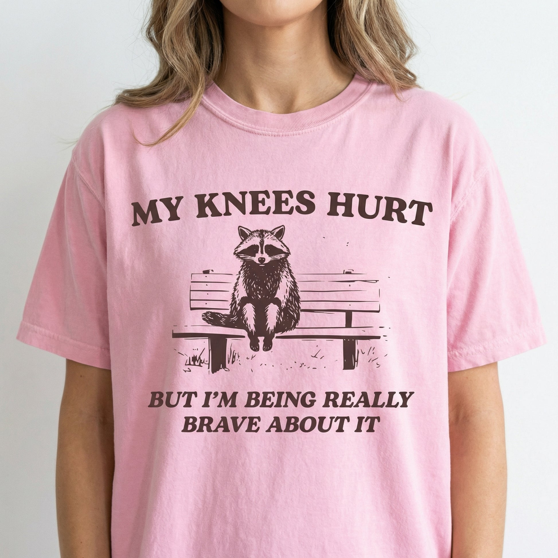 My Knees Hurt Raccoon Graphic T-Shirt – Funny Hiking Meme Tee – Gift for Dad