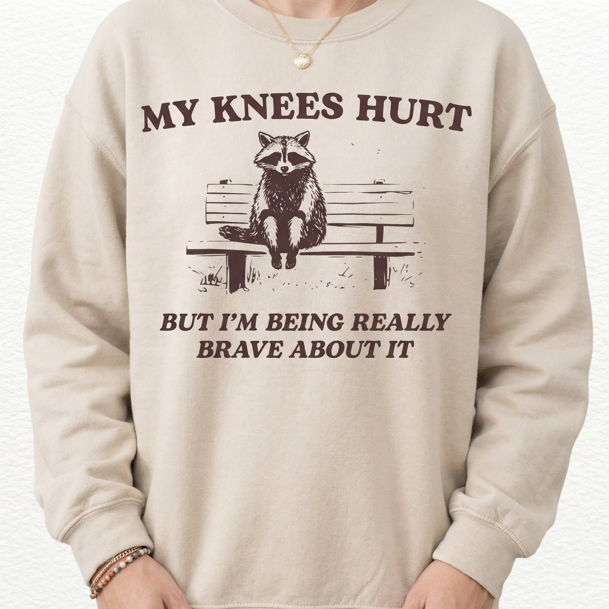 My Knees Hurt Raccoon Graphic T-Shirt – Funny Hiking Meme Tee – Gift for Dad
