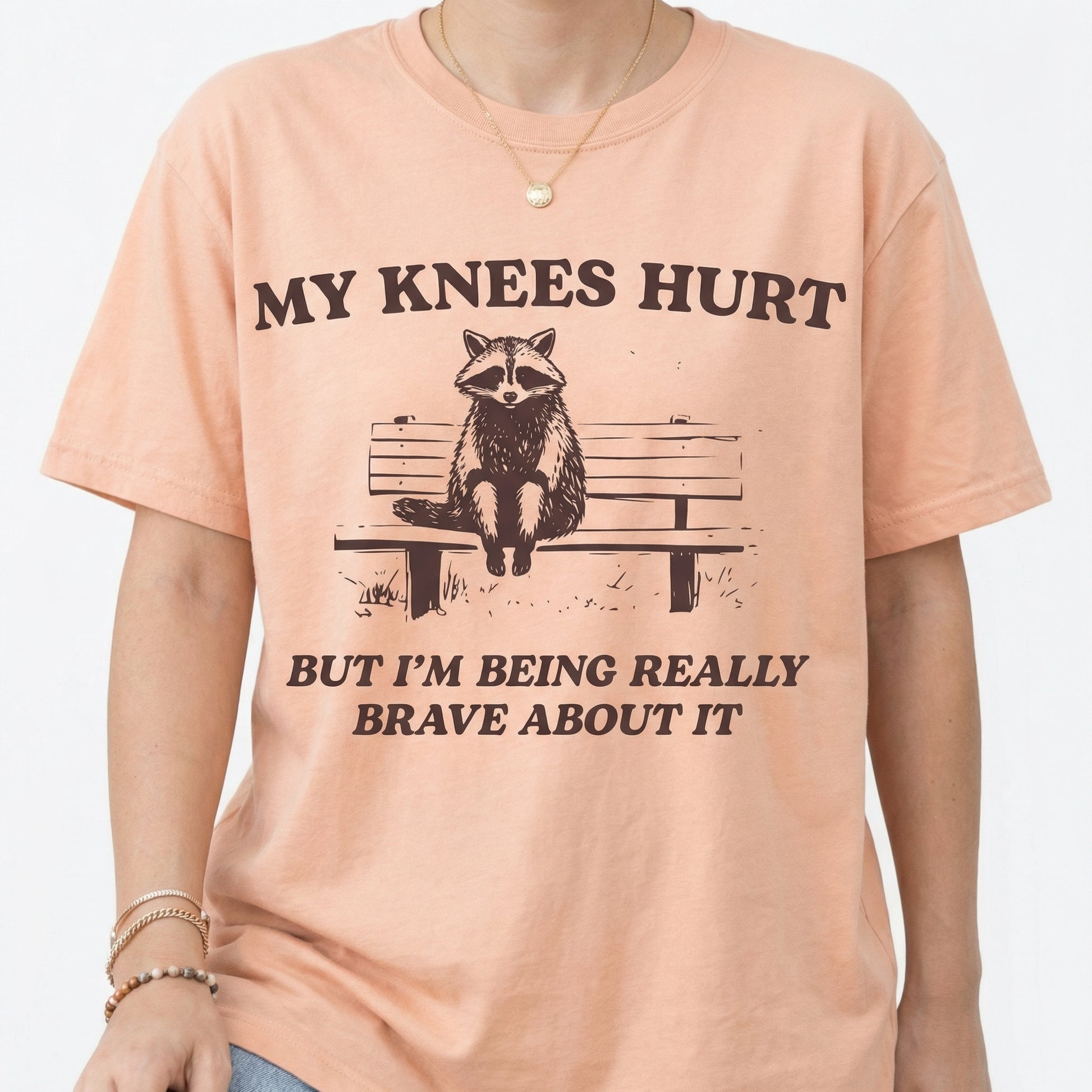 My Knees Hurt Raccoon Graphic T-Shirt – Funny Hiking Meme Tee – Gift for Dad