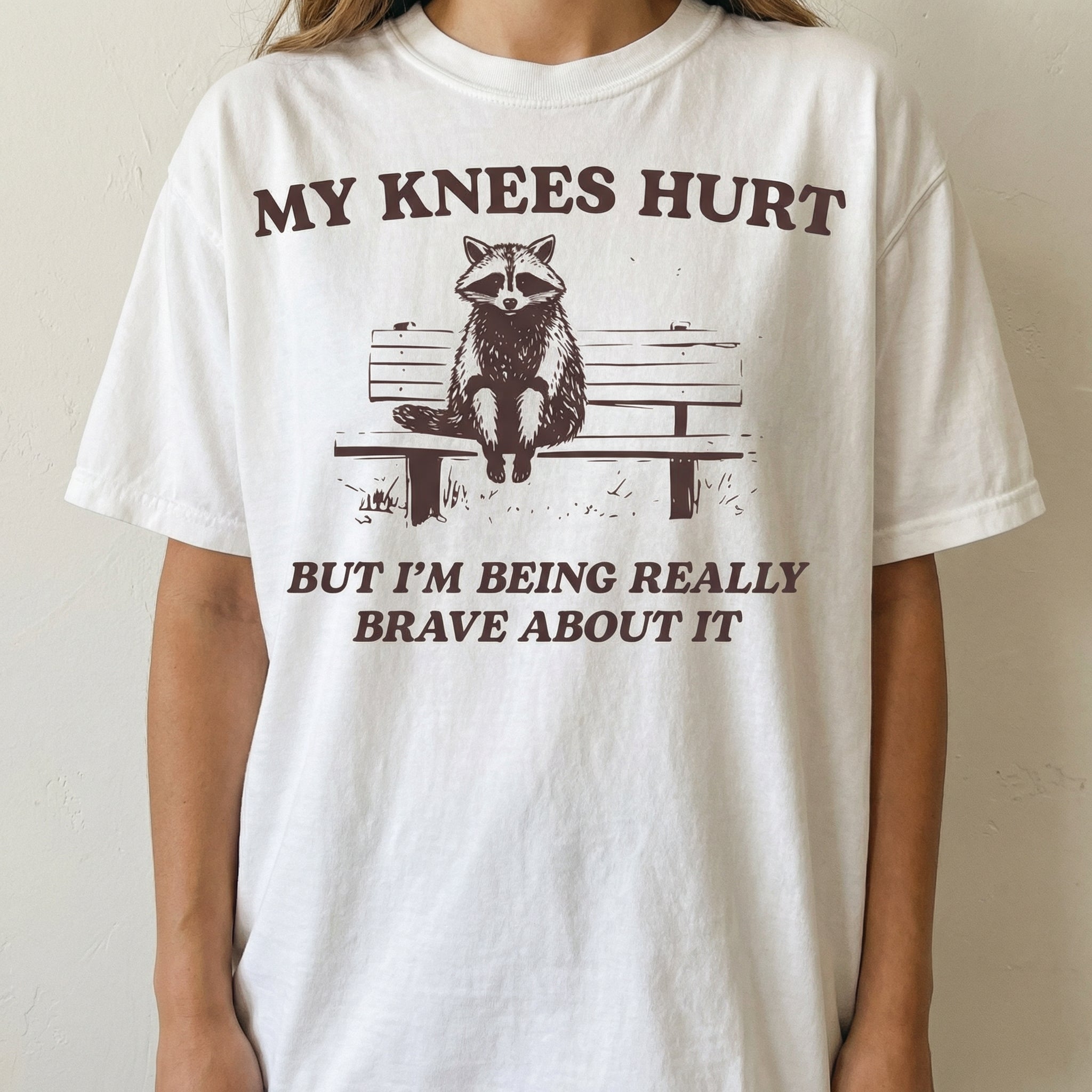 My Knees Hurt Raccoon Graphic T-Shirt – Funny Hiking Meme Tee – Gift for Dad
