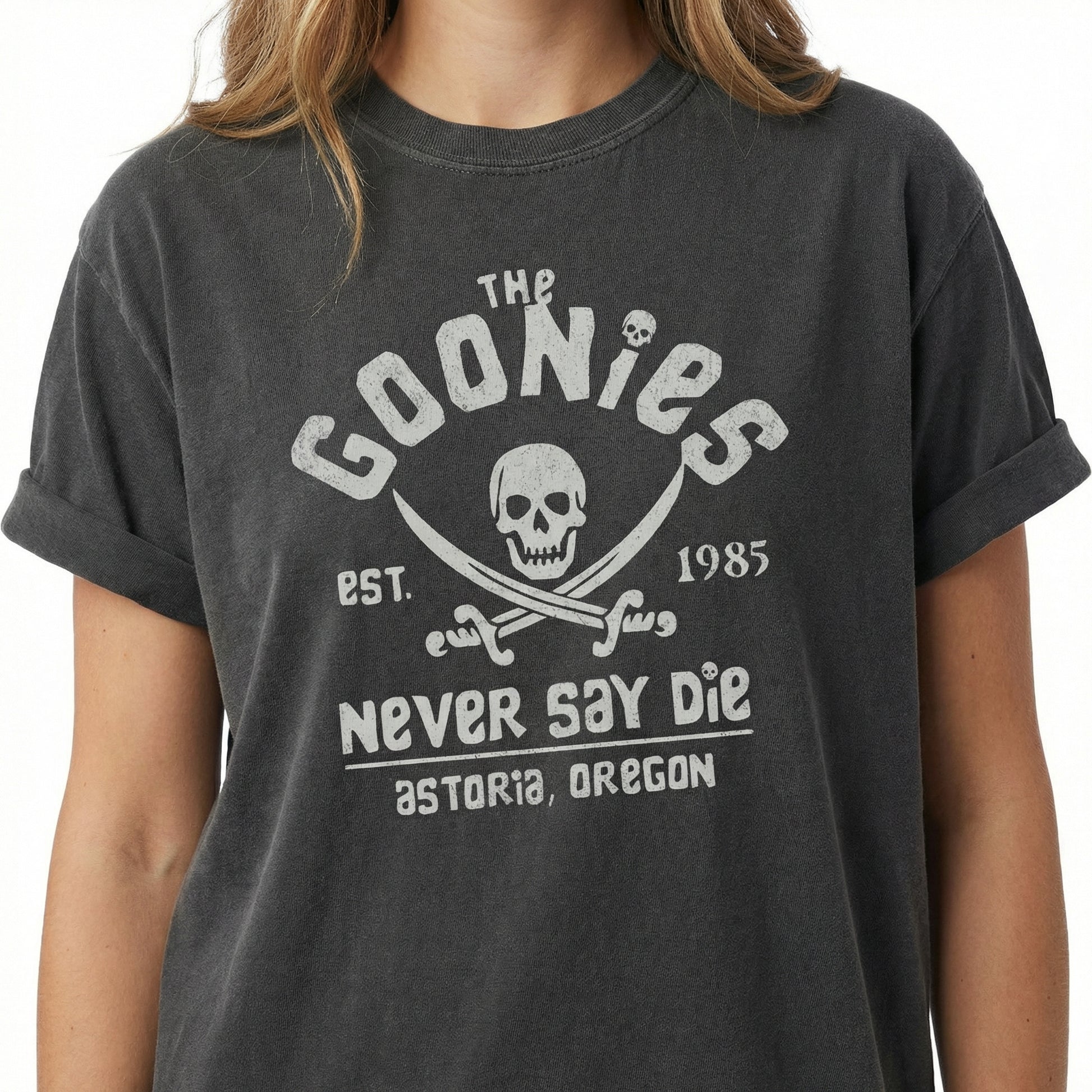 Never Say Die Vintage Graphic T-Shirt – Retro 80s Adventure Quote Tee