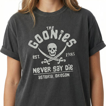 Never Say Die Vintage Graphic T-Shirt – Retro 80s Adventure Quote Tee
