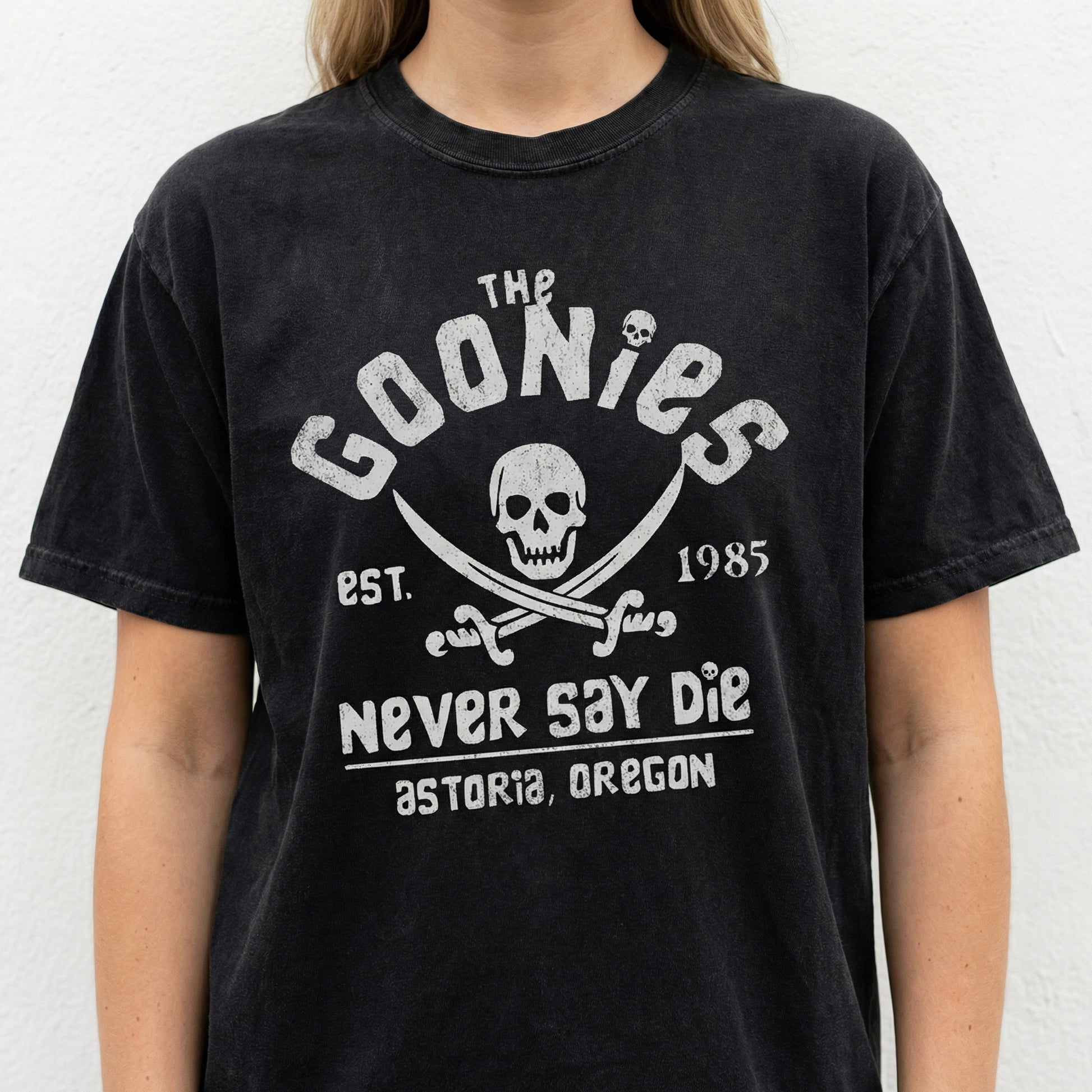 Never Say Die Vintage Graphic T-Shirt – Retro 80s Adventure Quote Tee