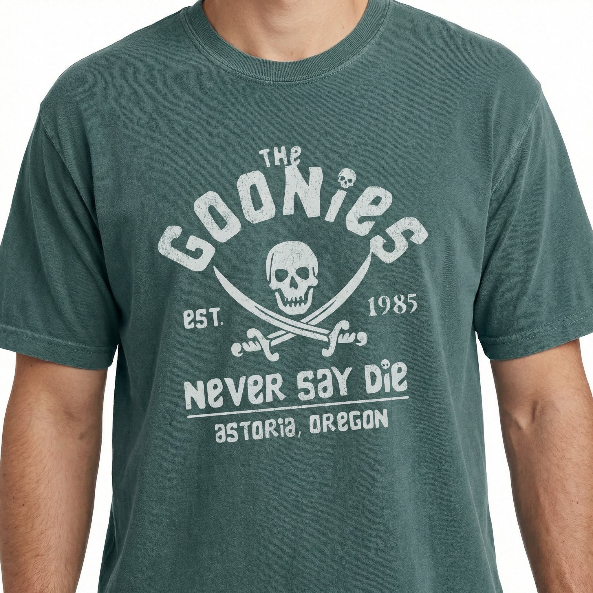 Never Say Die Vintage Graphic T-Shirt – Retro 80s Adventure Quote Tee