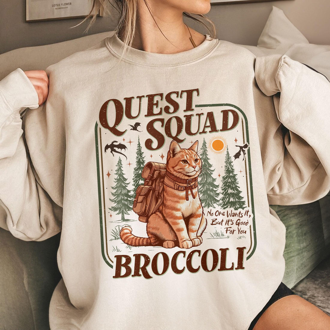Quest Squad Broccoli Cat Graphic Sweatshirt – Romantasy Dragon Rider Fan Apparel