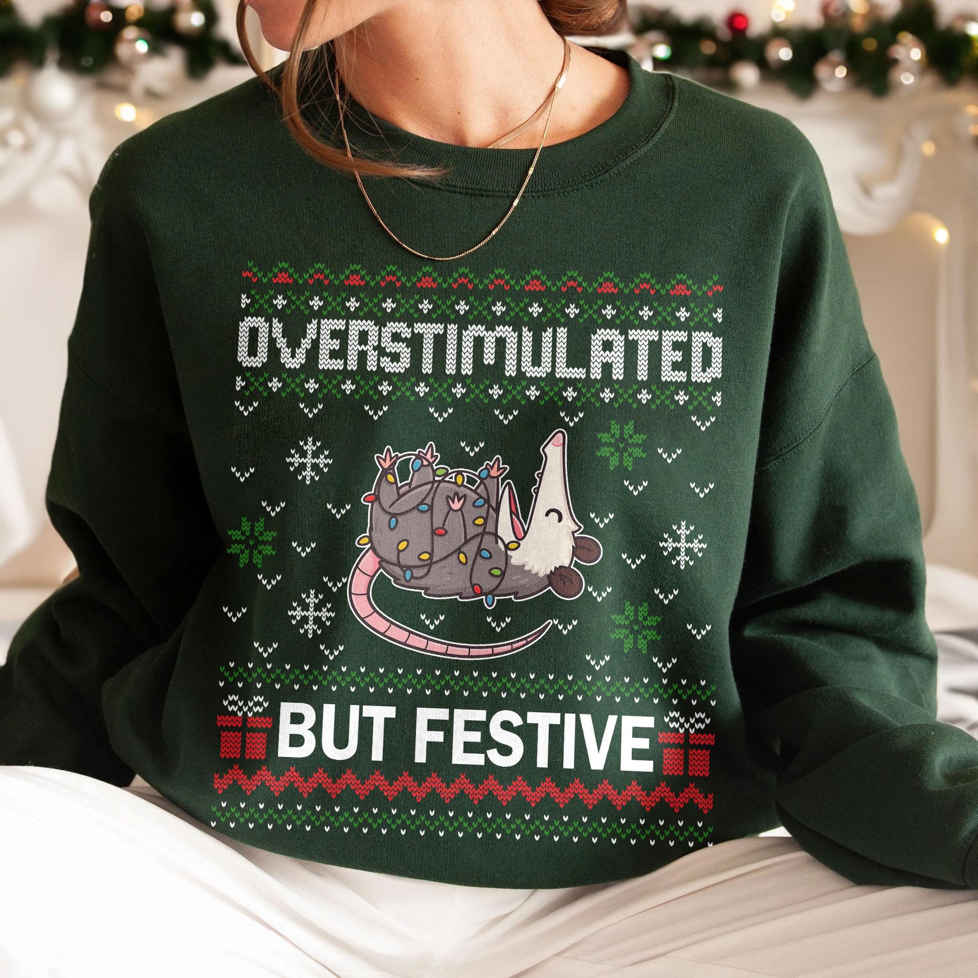 Overstimulated But Festive Possum Christmas Sweatshirt – Funny Ugly Holiday Sweater