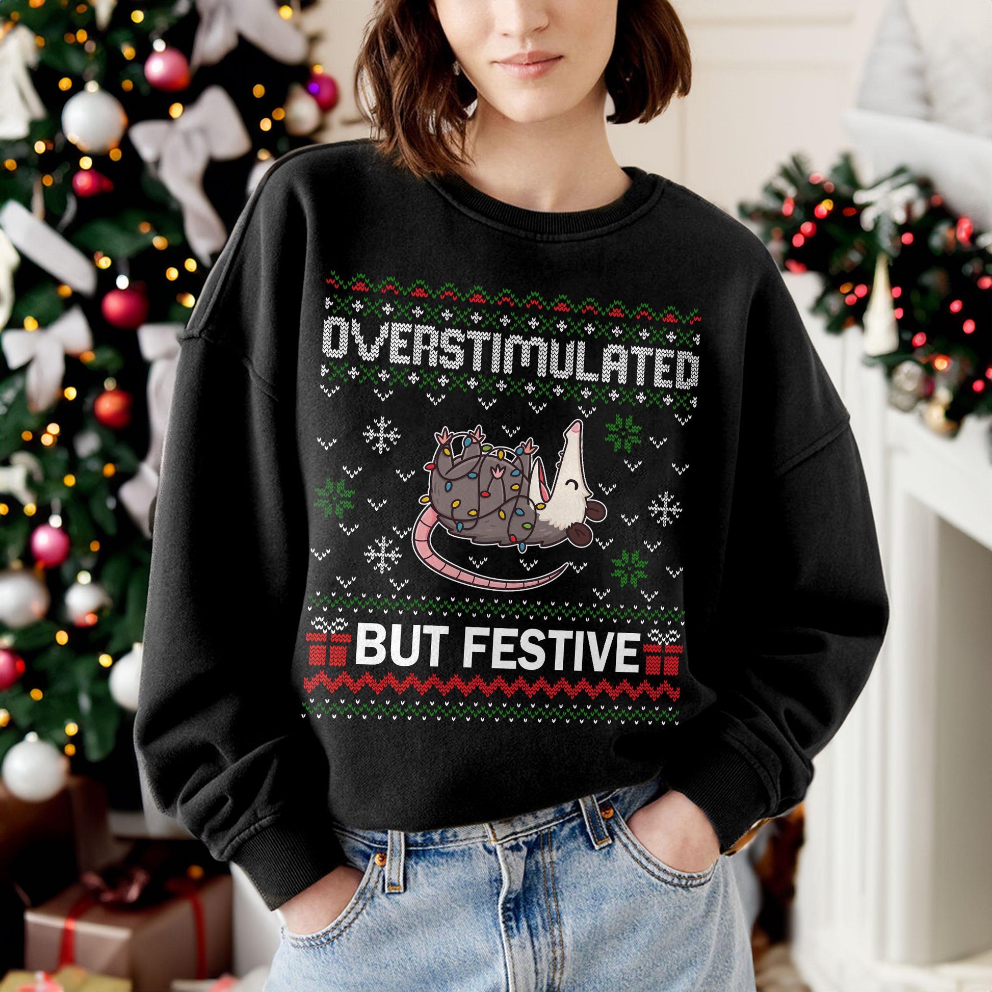 Overstimulated But Festive Possum Christmas Sweatshirt – Funny Ugly Holiday Sweater