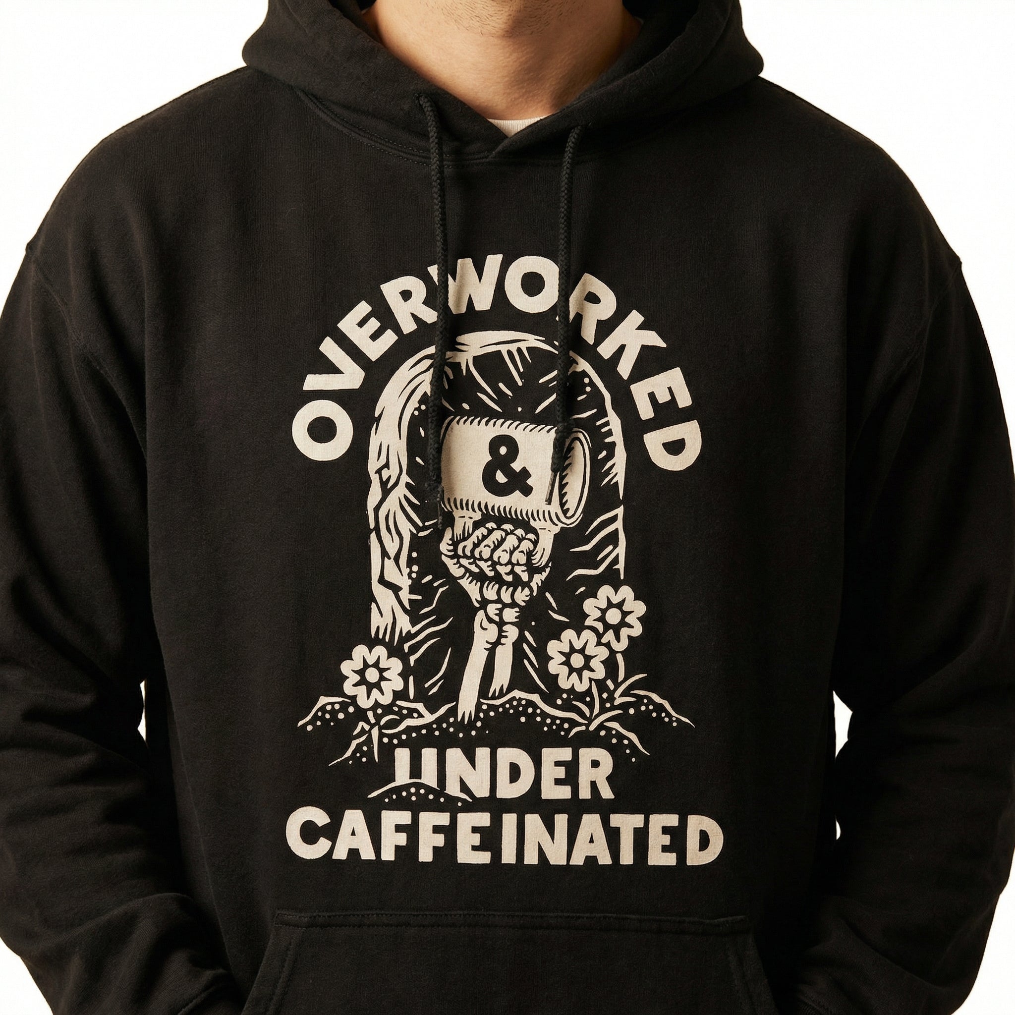 Overworked Under Caffeinated Graphic T-Shirt – Funny Coffee Lover Tee