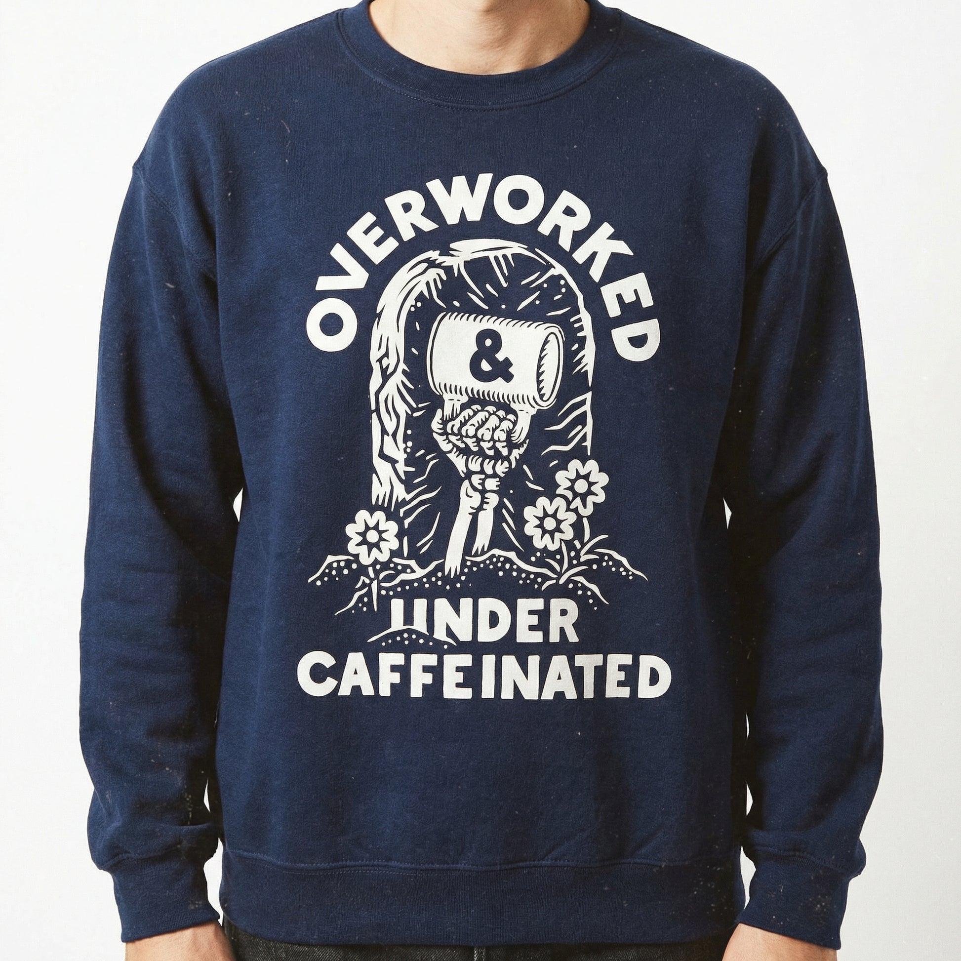 Overworked Under Caffeinated Graphic T-Shirt – Funny Coffee Lover Tee