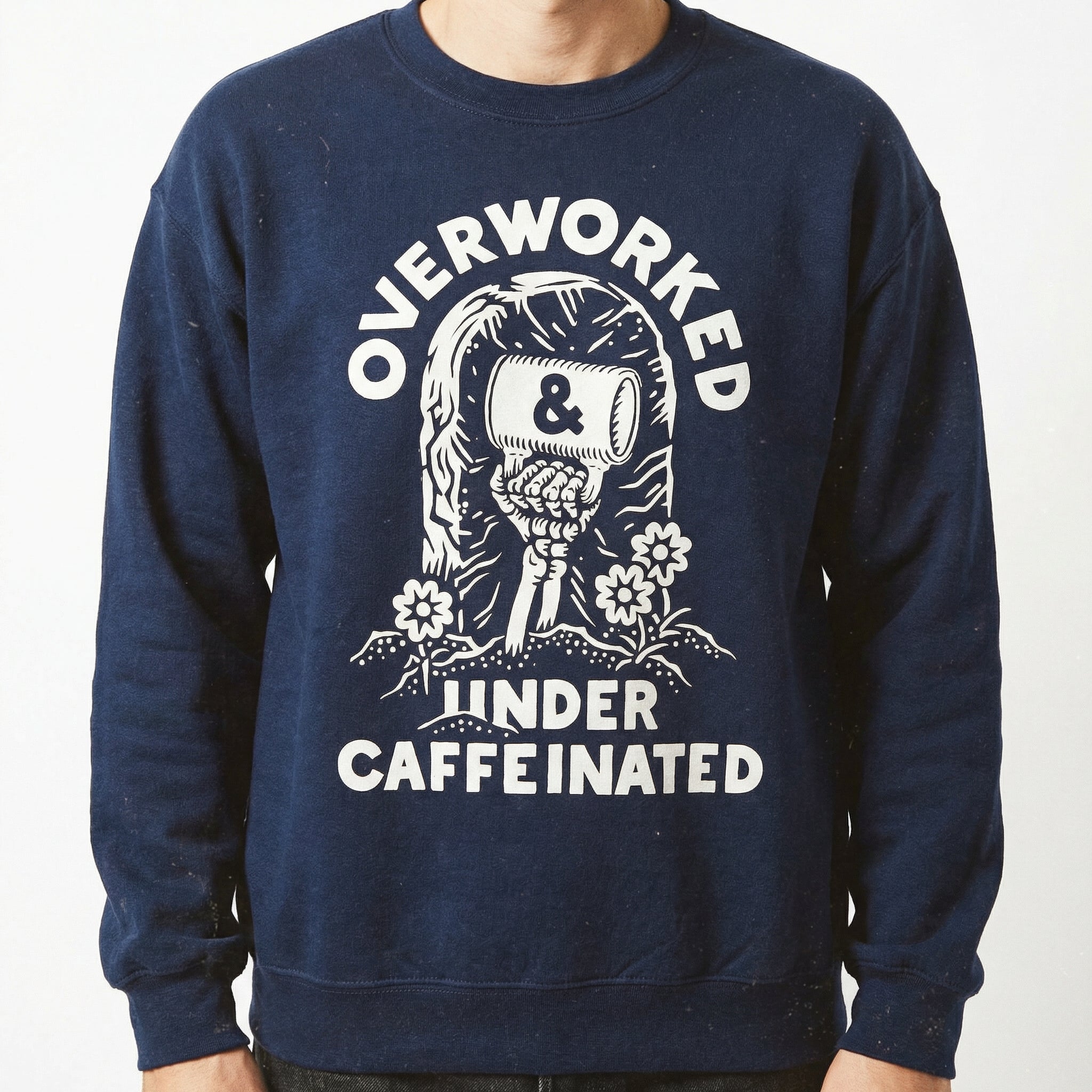 Overworked Under Caffeinated Graphic T-Shirt – Funny Coffee Lover Tee