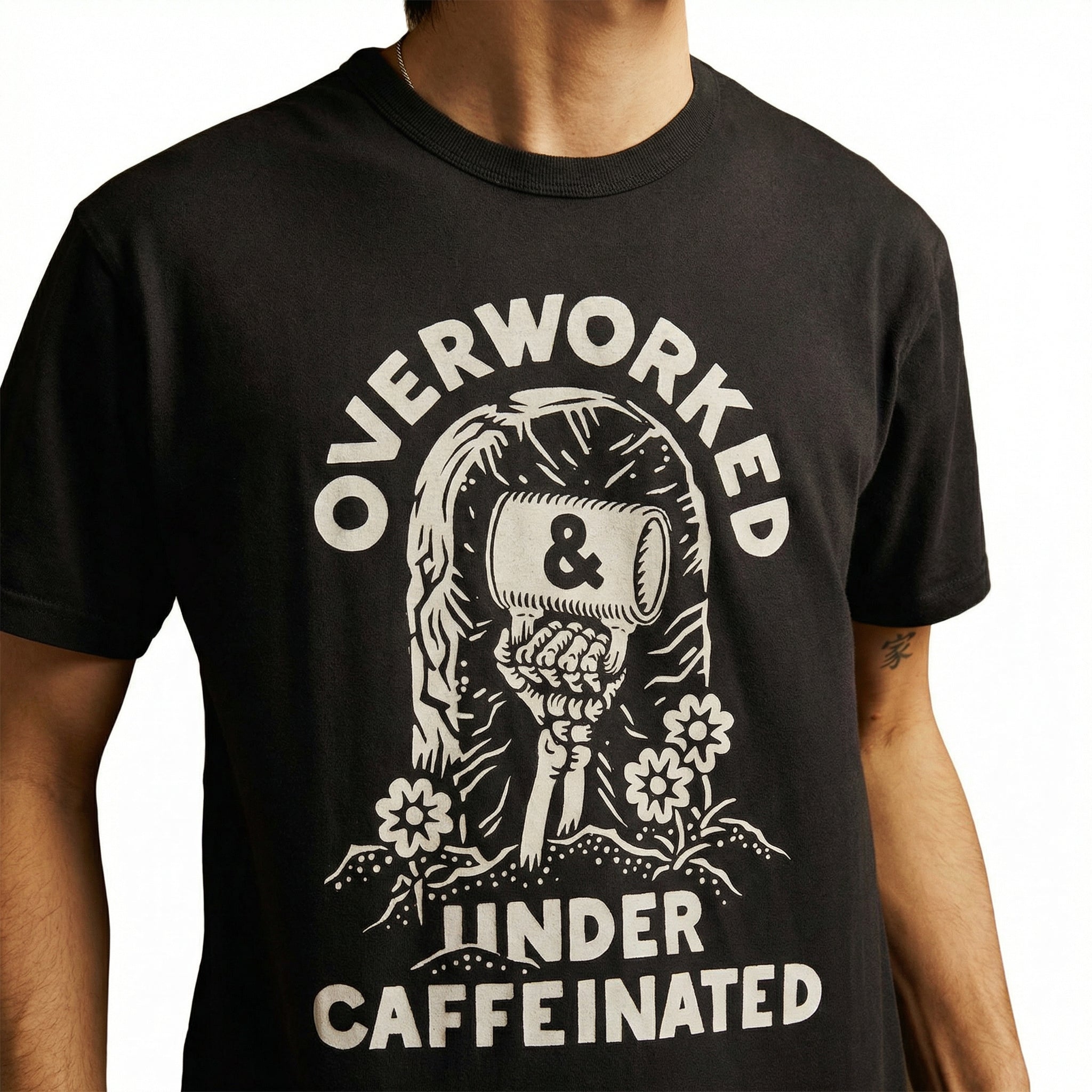 Overworked Under Caffeinated Graphic T-Shirt – Funny Coffee Lover Tee