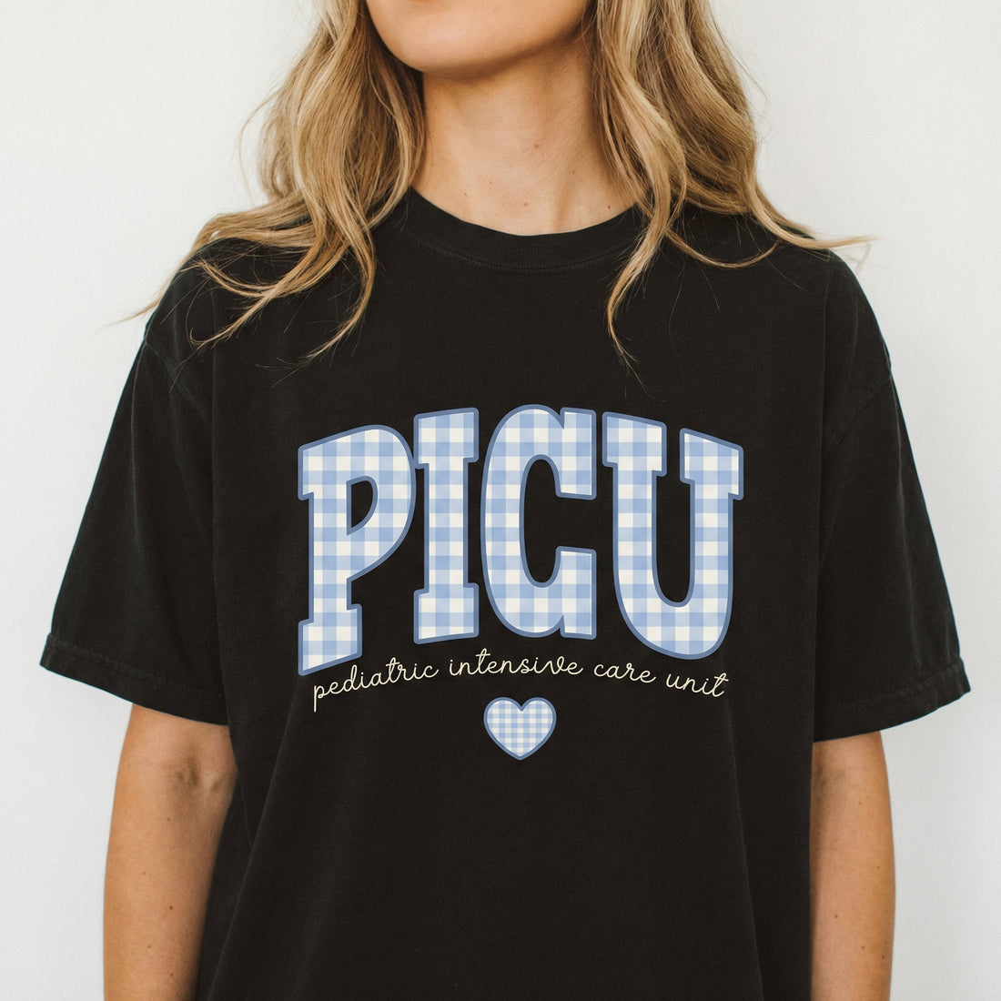 PICU Nurse Blue Gingham Heart Shirt – Pediatric ICU Graphic Tee