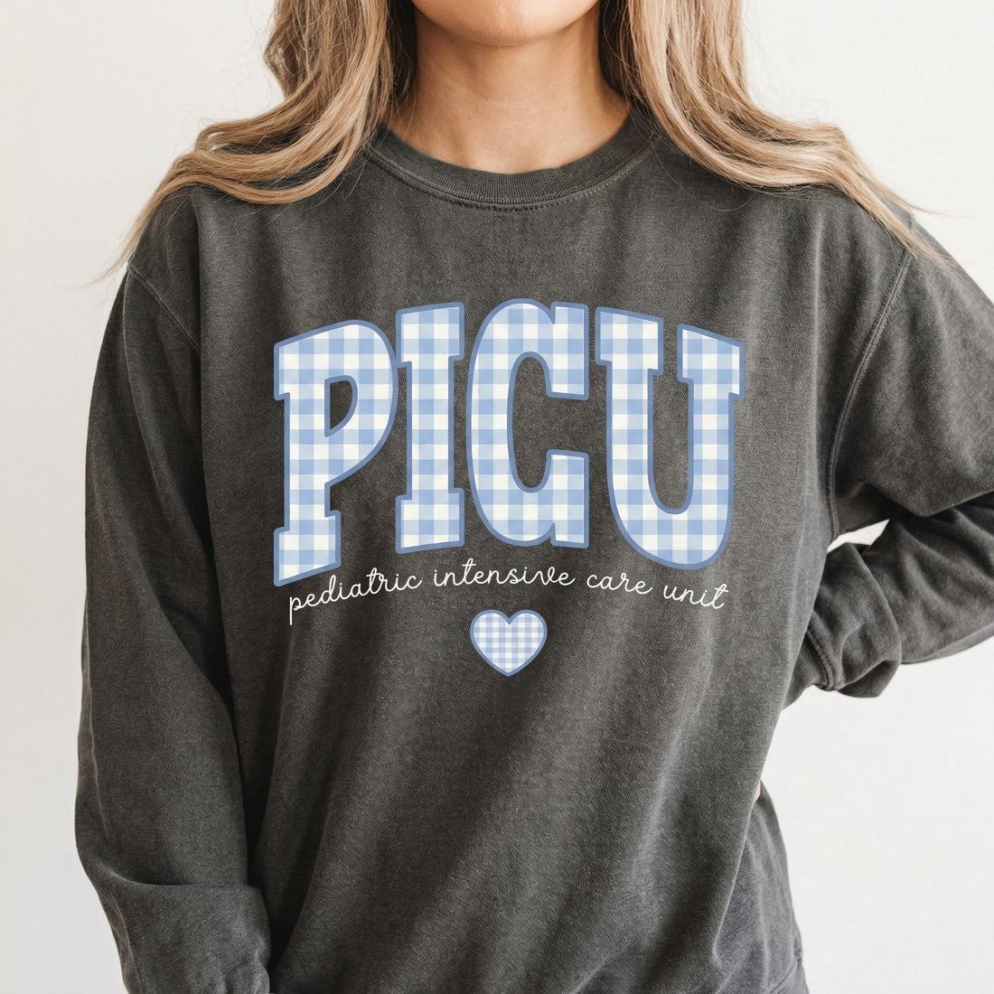 PICU Nurse Blue Gingham Heart Shirt – Pediatric ICU Graphic Tee