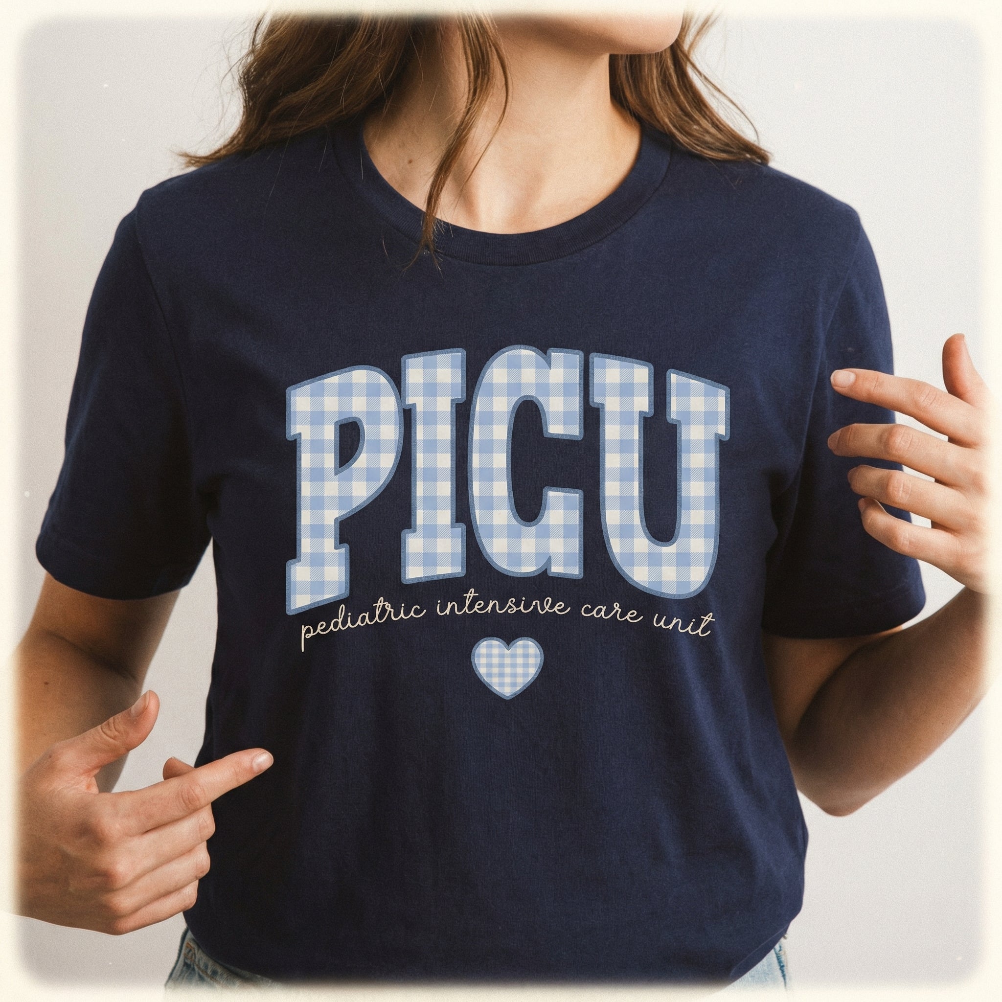 PICU Nurse Blue Gingham Heart Shirt – Pediatric ICU Graphic Tee